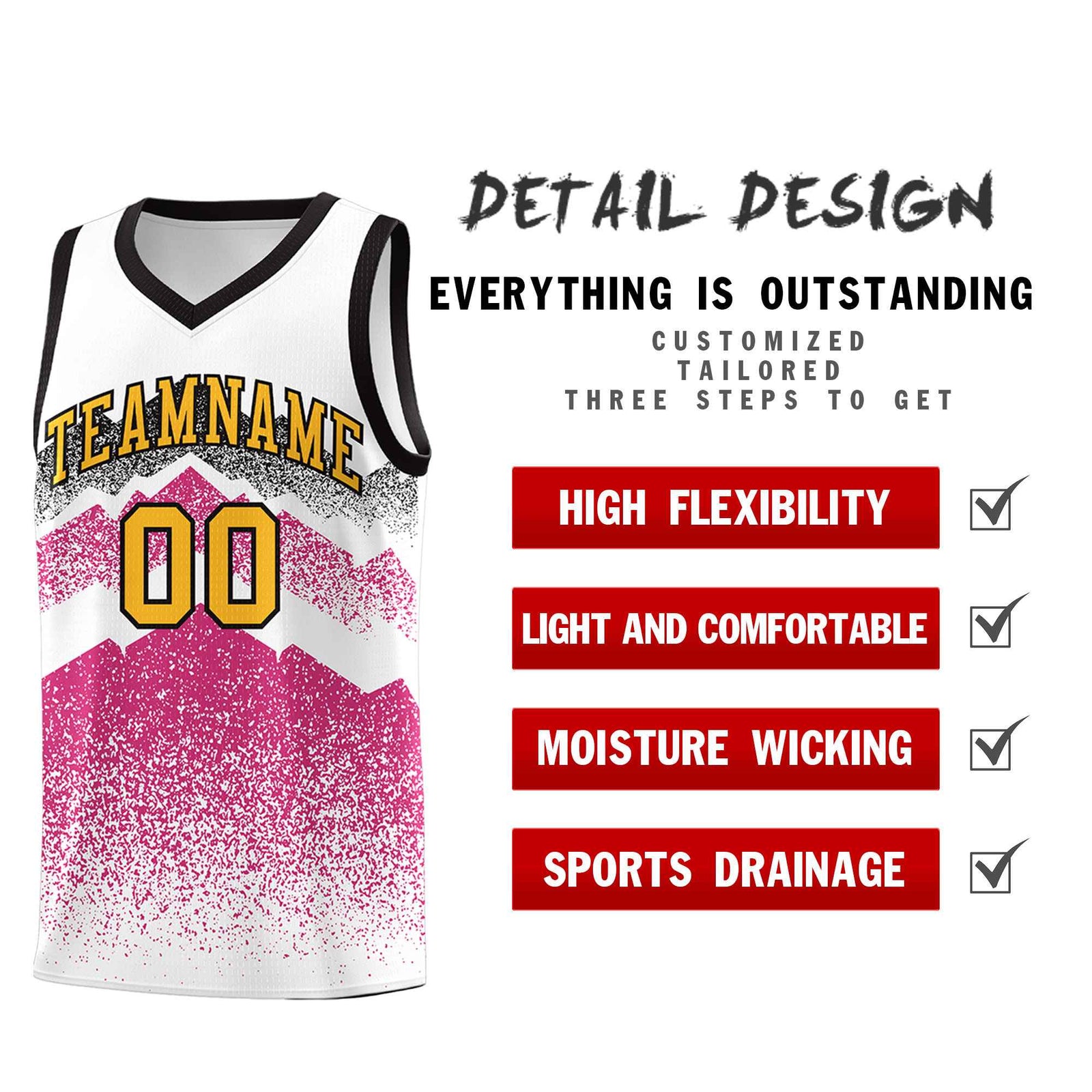 Personalized Youth Basketball Jerseys White Rose Red Gradient Mountain Design Uniforms