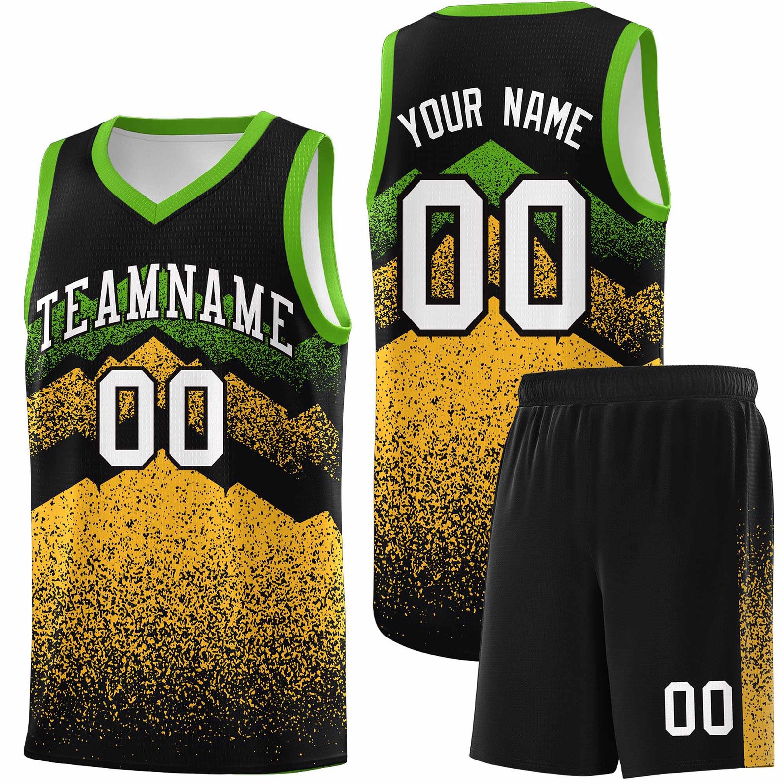 Personalized Youth Basketball Jerseys Black Gold Gradient Mountain Design Uniforms