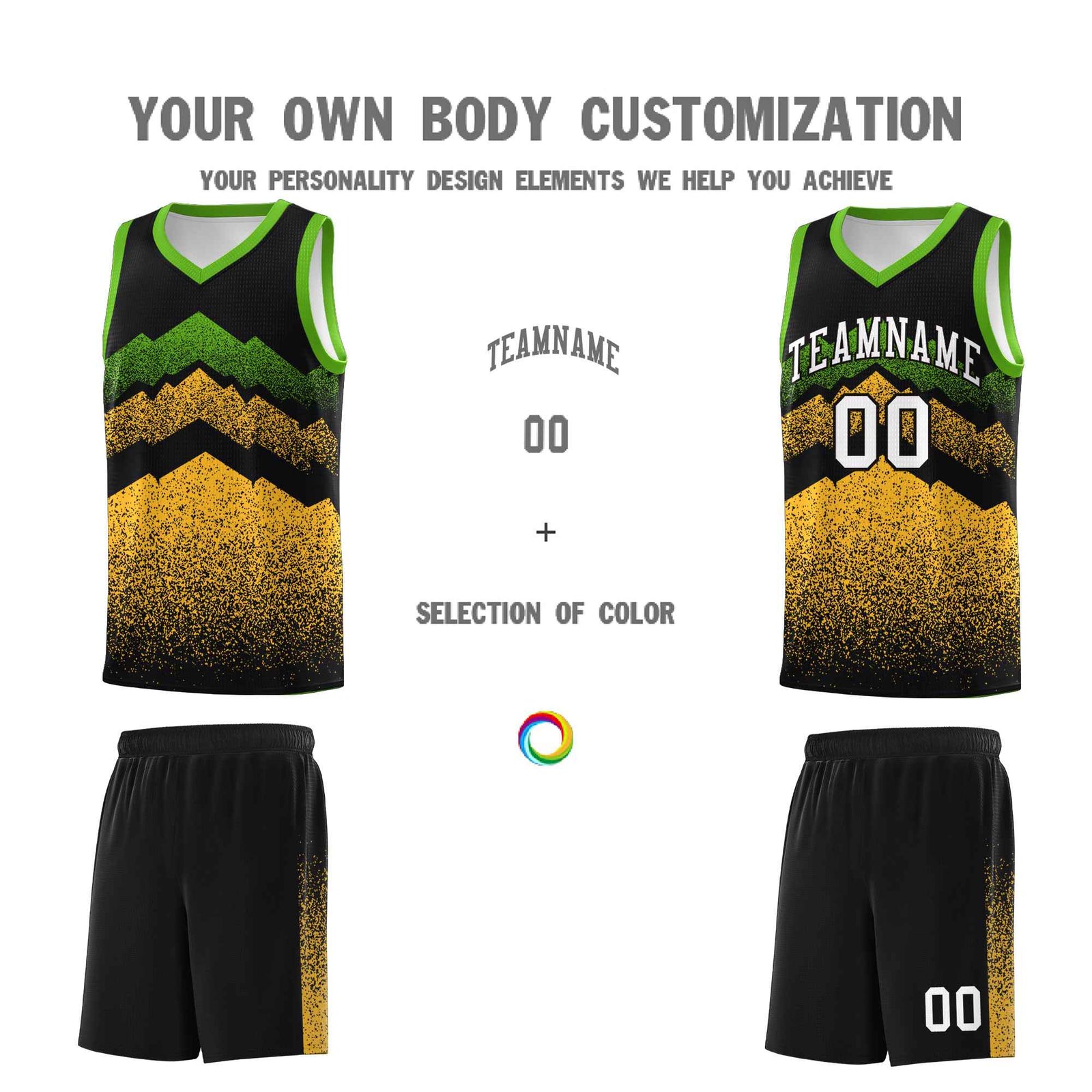 Personalized Youth Basketball Jerseys Black Gold Gradient Mountain Design Uniforms
