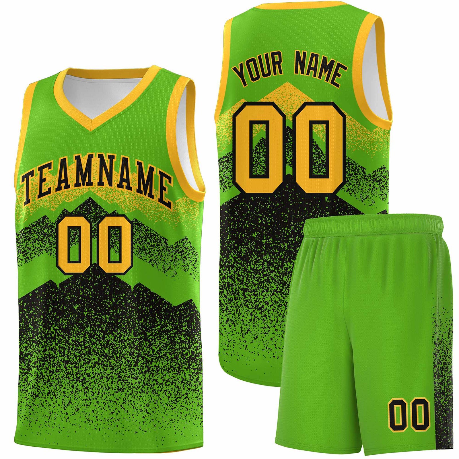 Custom Youth Basketball Jerseys Green Black Gradient Mountain Design Uniforms