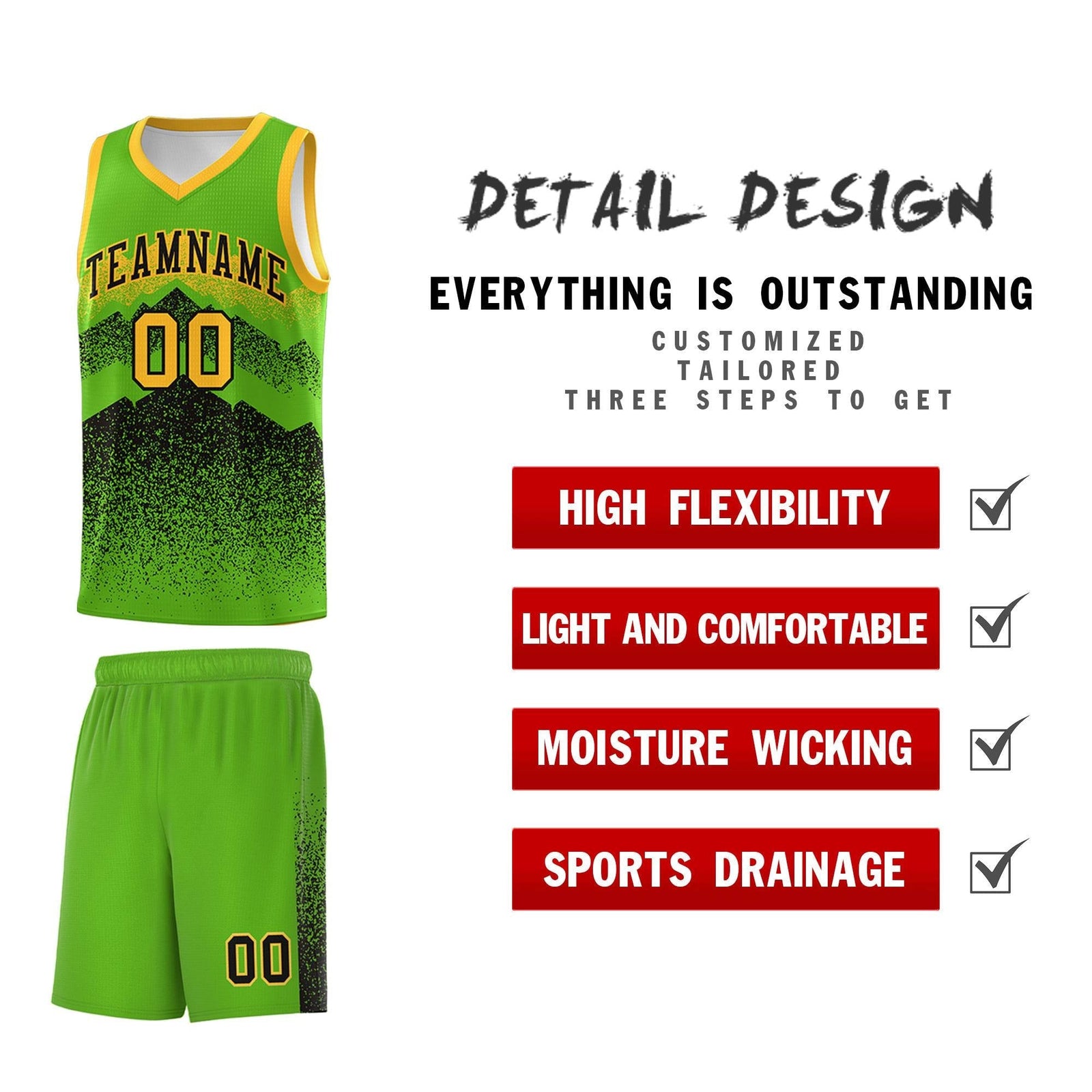 Custom Youth Basketball Jerseys Green Black Gradient Mountain Design Uniforms