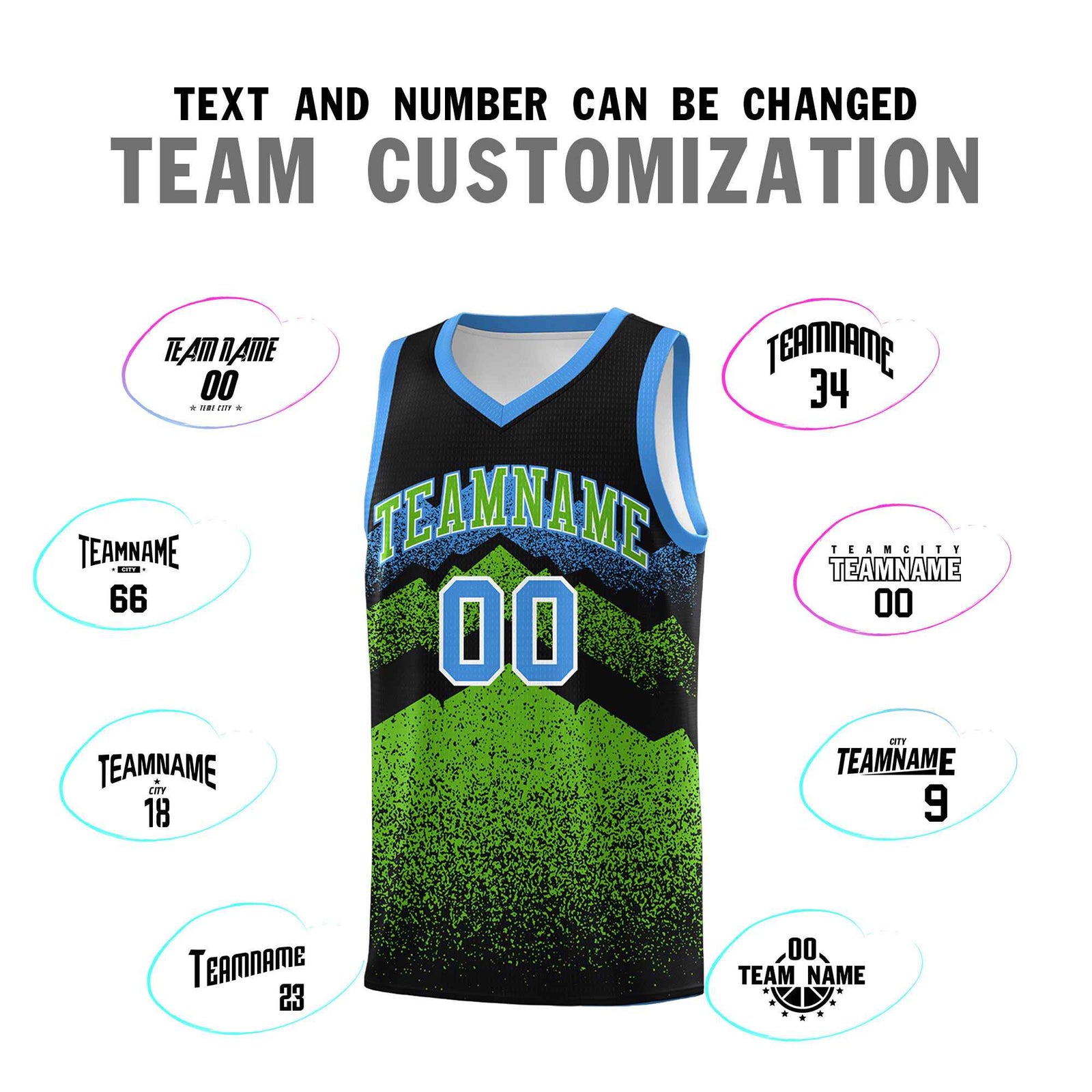 Personalized Youth Basketball Jerseys Black Green Gradient Mountain Design Uniforms