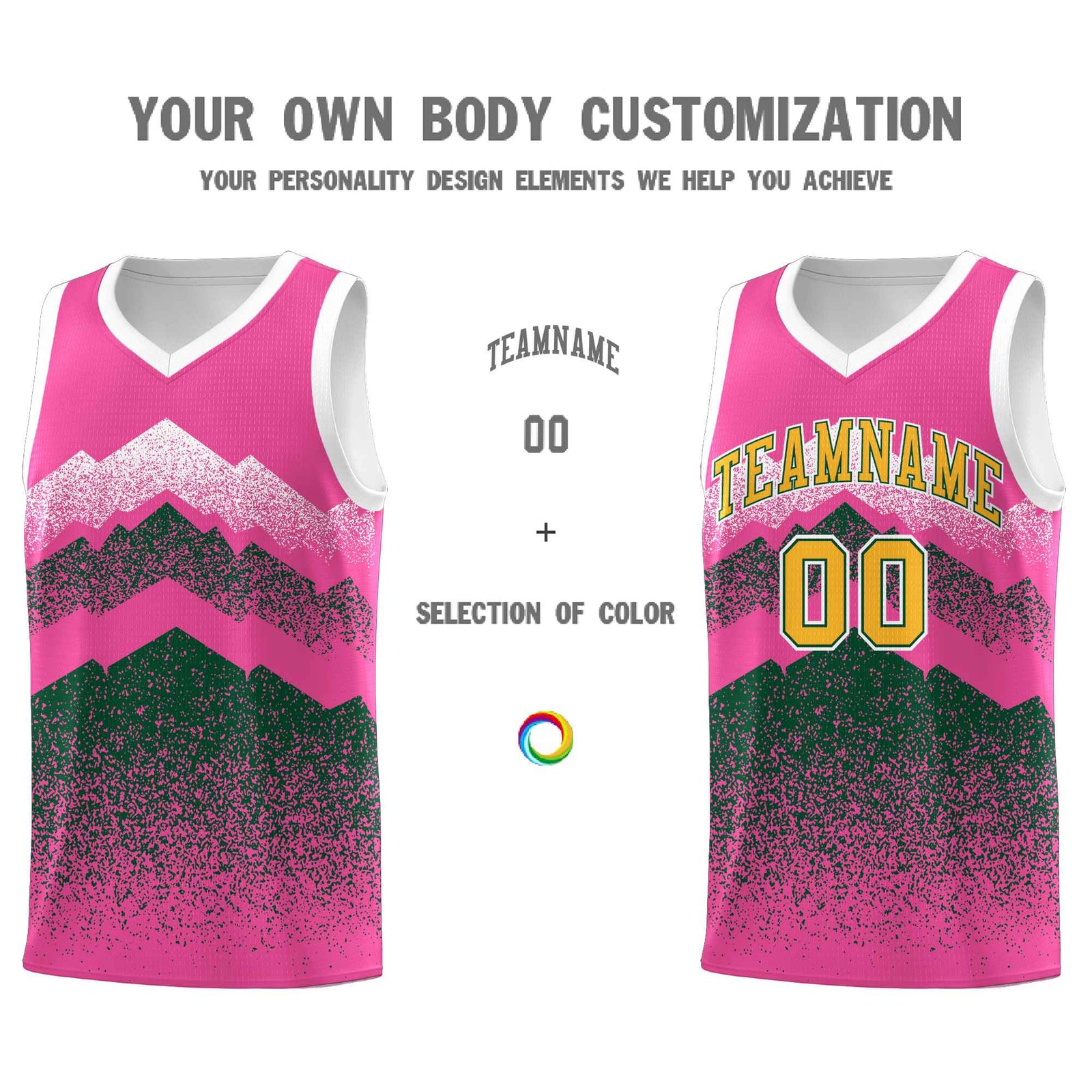 Personalized Youth Basketball Jerseys Pink Green Gradient Mountain Design Uniforms