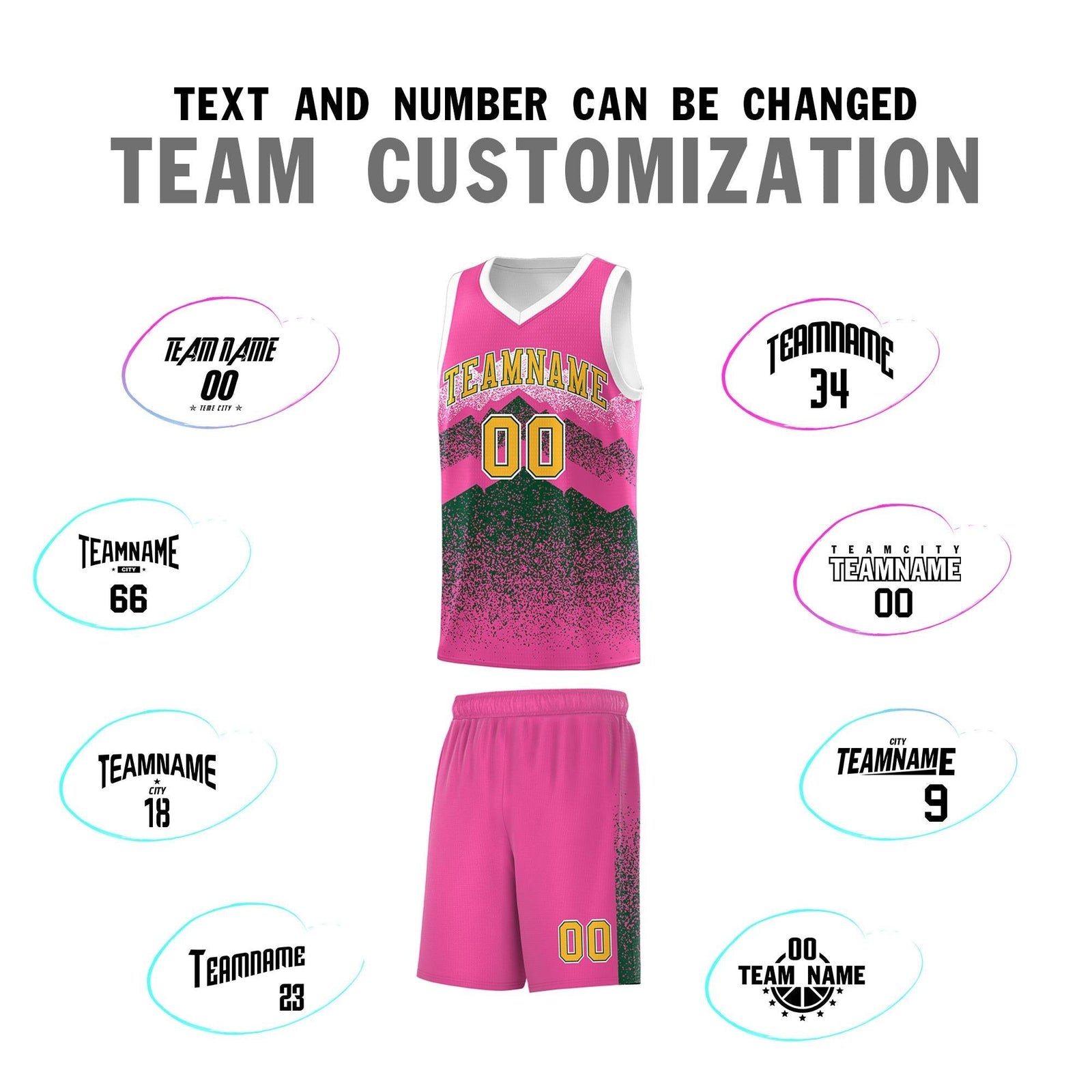 Personalized Youth Basketball Jerseys Pink Green Gradient Mountain Design Uniforms