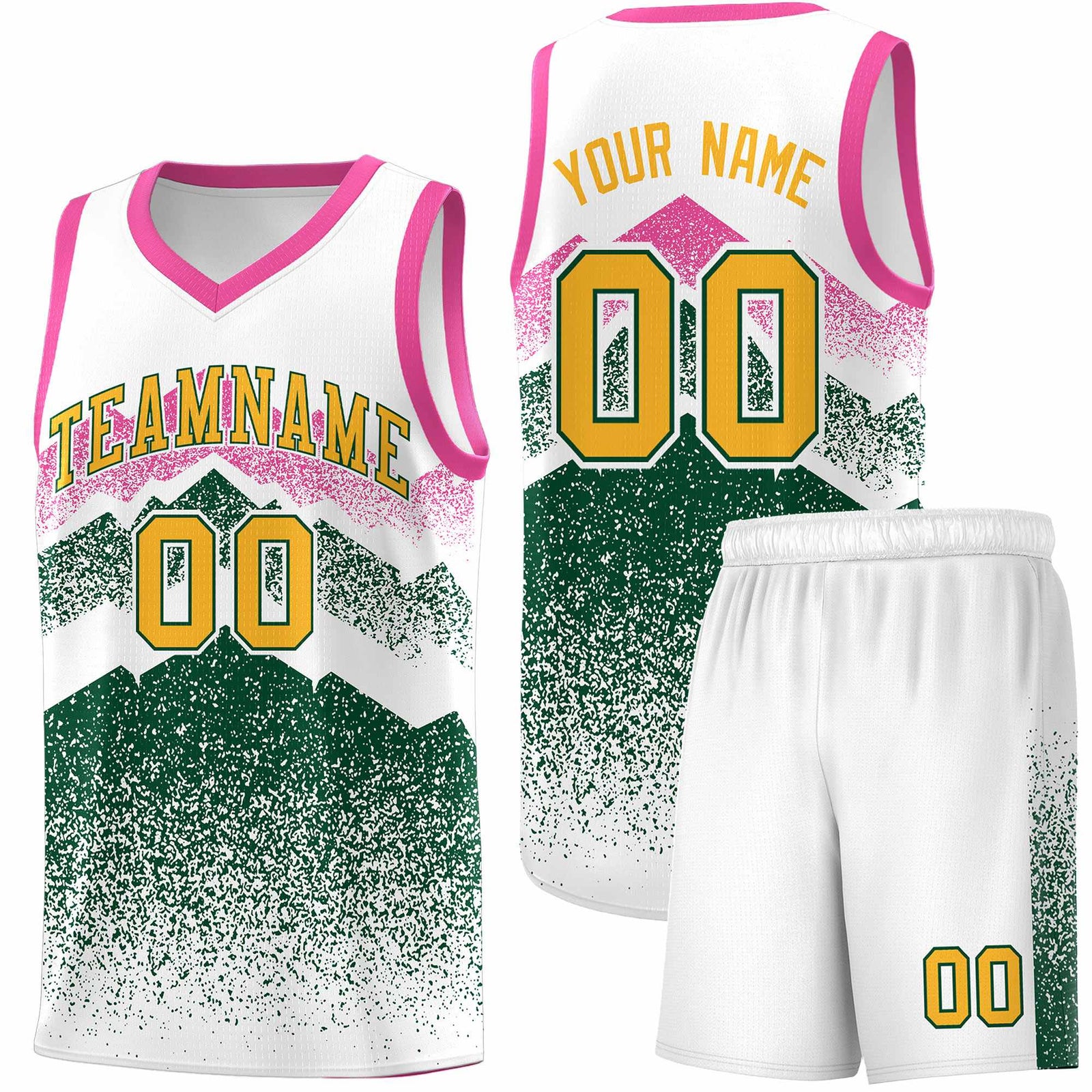 Custom Youth Basketball Jerseys White Green Gradient Mountain Design Uniforms
