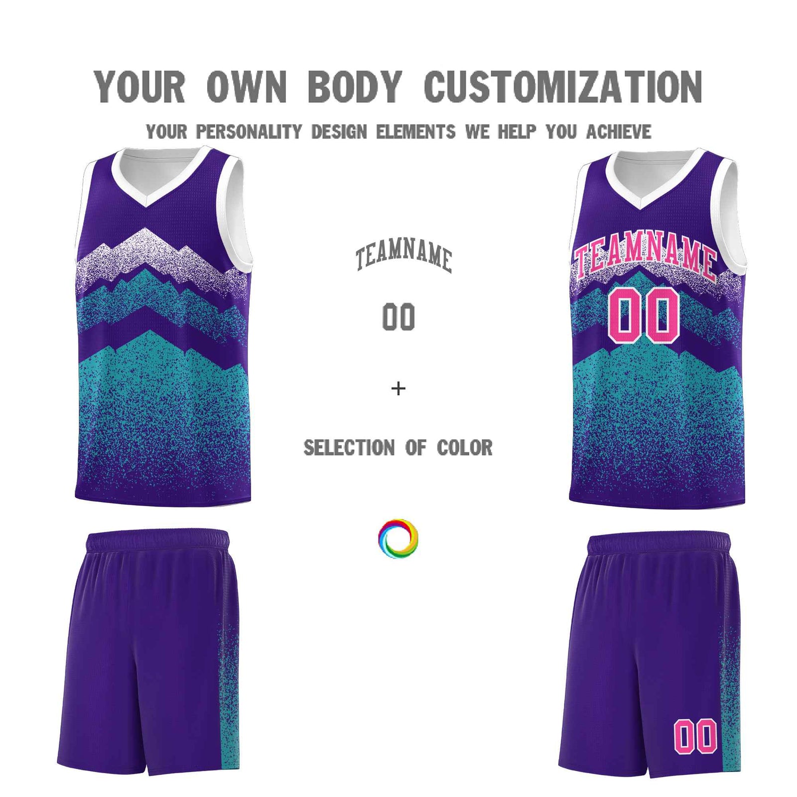Personalized Youth Basketball Jerseys Purple Aqua Gradient Mountain Design Uniforms