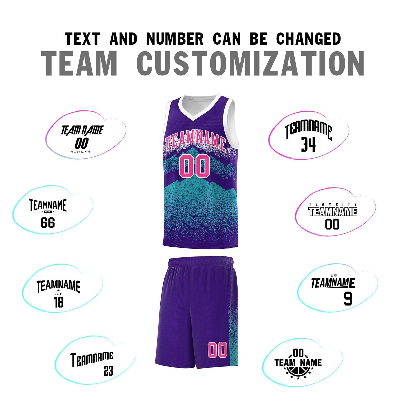Personalized Youth Basketball Jerseys Purple Aqua Gradient Mountain Design Uniforms