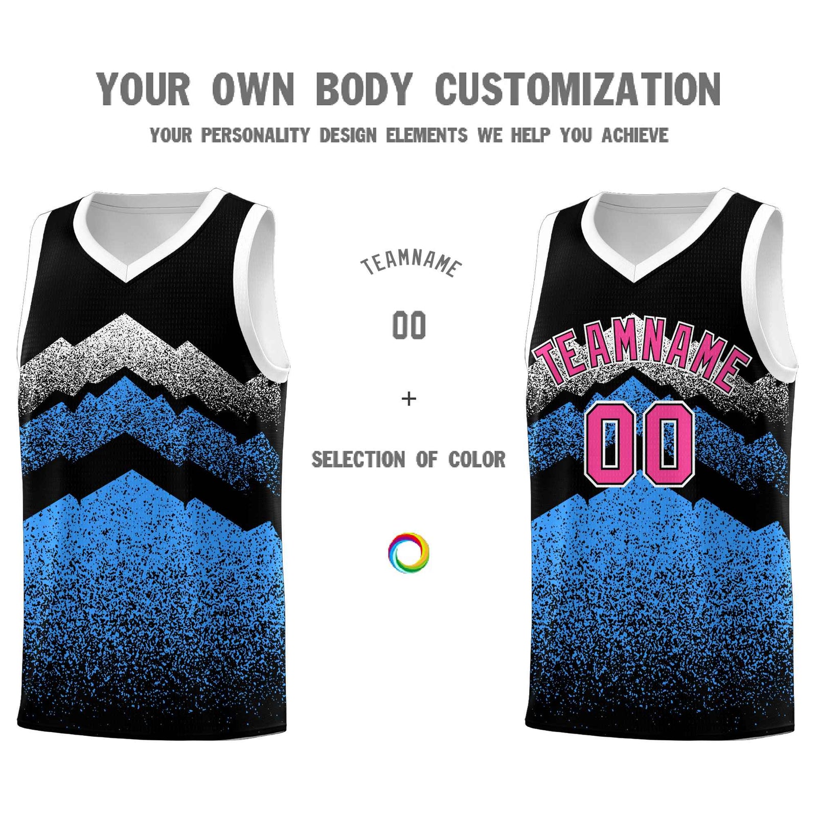 Personalized Youth Basketball Jerseys Black Powder Blue Gradient Mountain Design Uniforms