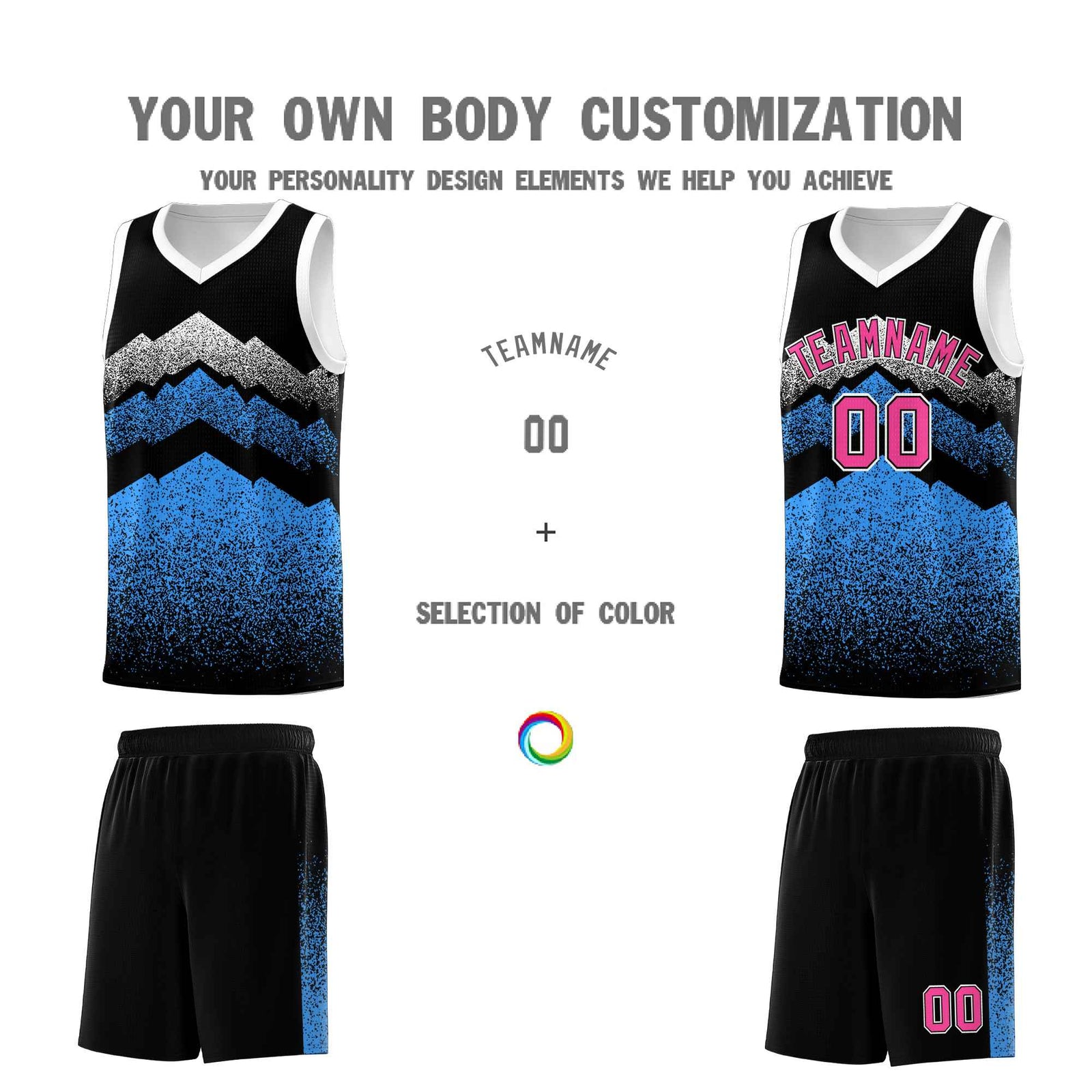 Personalized Youth Basketball Jerseys Black Powder Blue Gradient Mountain Design Uniforms