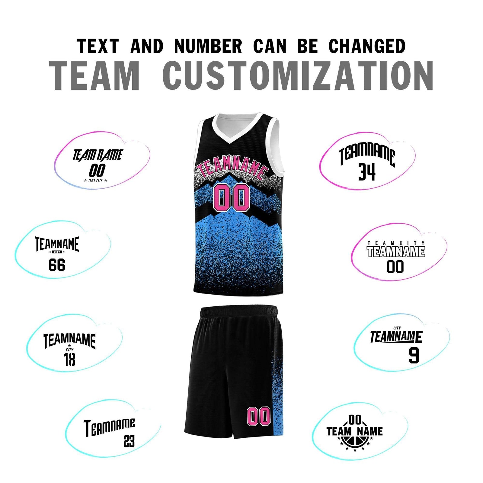 Personalized Youth Basketball Jerseys Black Powder Blue Gradient Mountain Design Uniforms