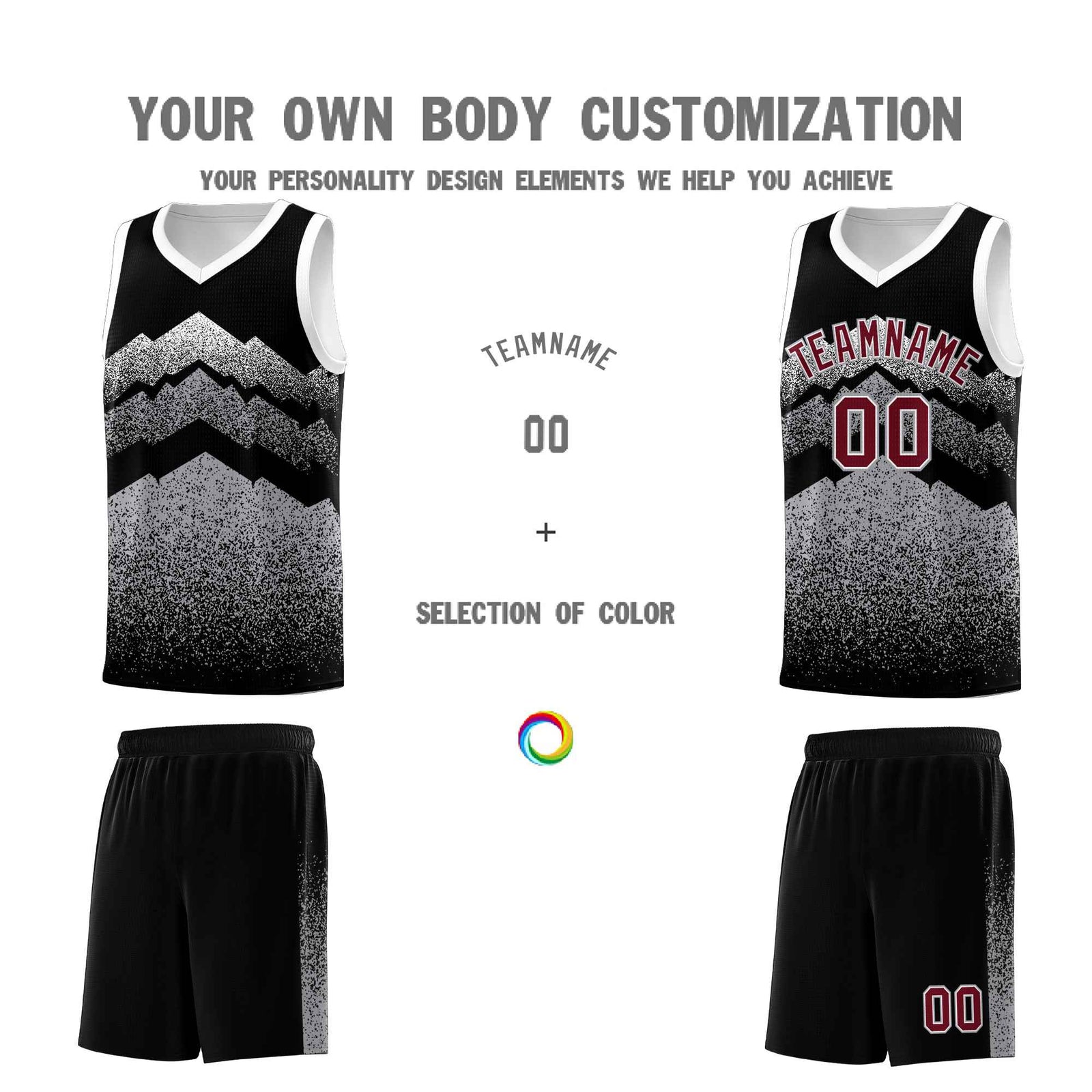 Personalized Youth Basketball Jerseys Black Gray Gradient Mountain Design Uniforms