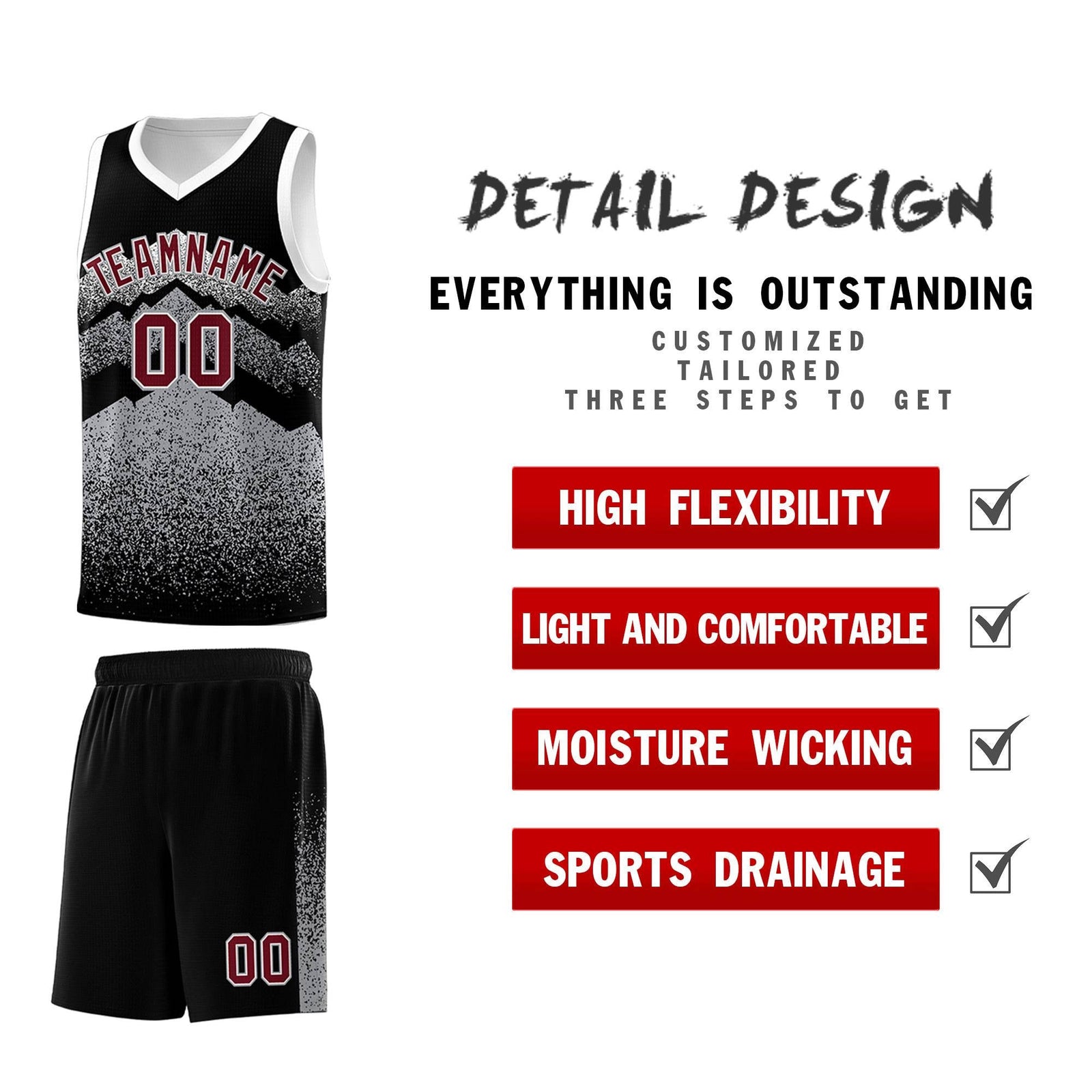 Personalized Youth Basketball Jerseys Black Gray Gradient Mountain Design Uniforms