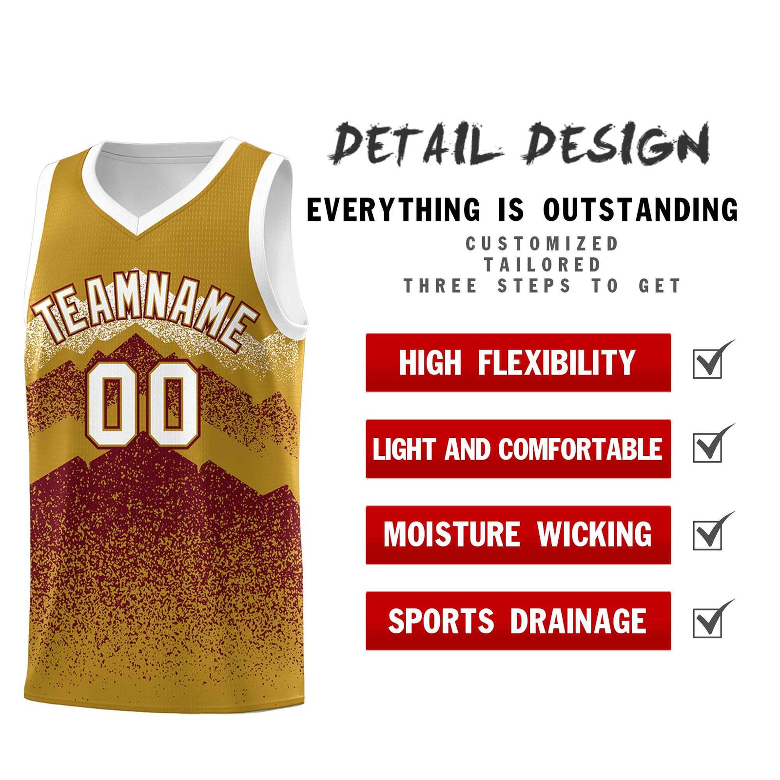 Custom Youth Basketball Jerseys Old Gold Crimson Gradient Mountain Design Uniforms