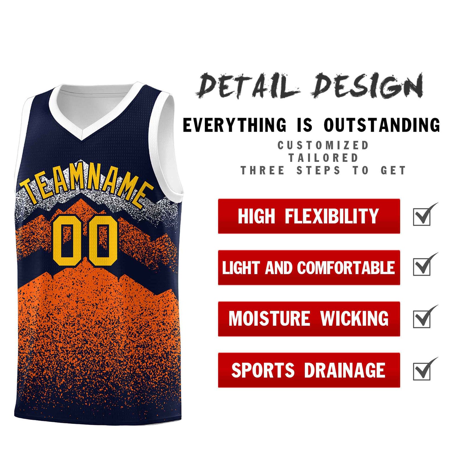 Personalized Youth Basketball Jerseys Navy Orange Gradient Mountain Design Uniforms