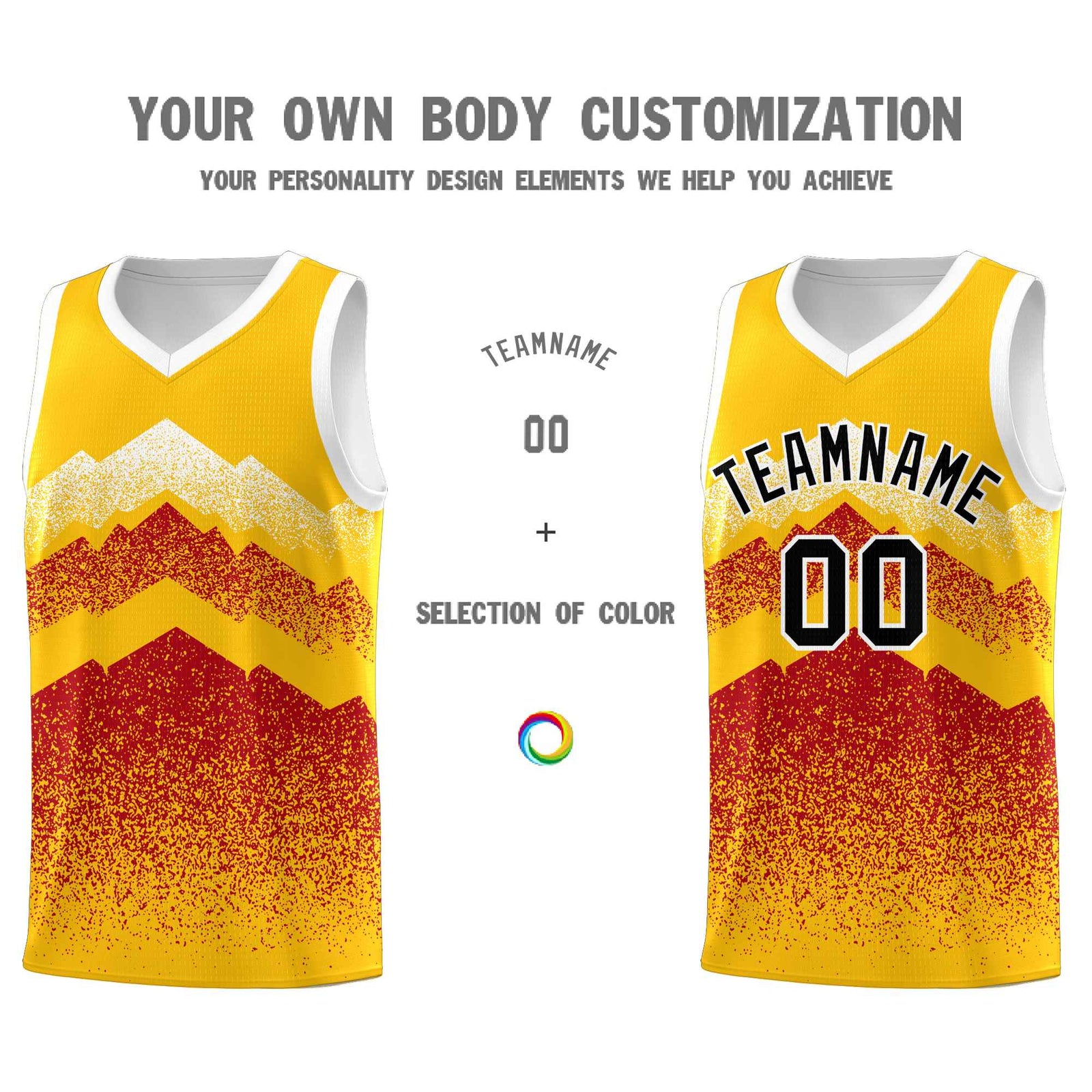 Personalized Youth Basketball Jerseys Gold Red Gradient Mountain Design Uniforms