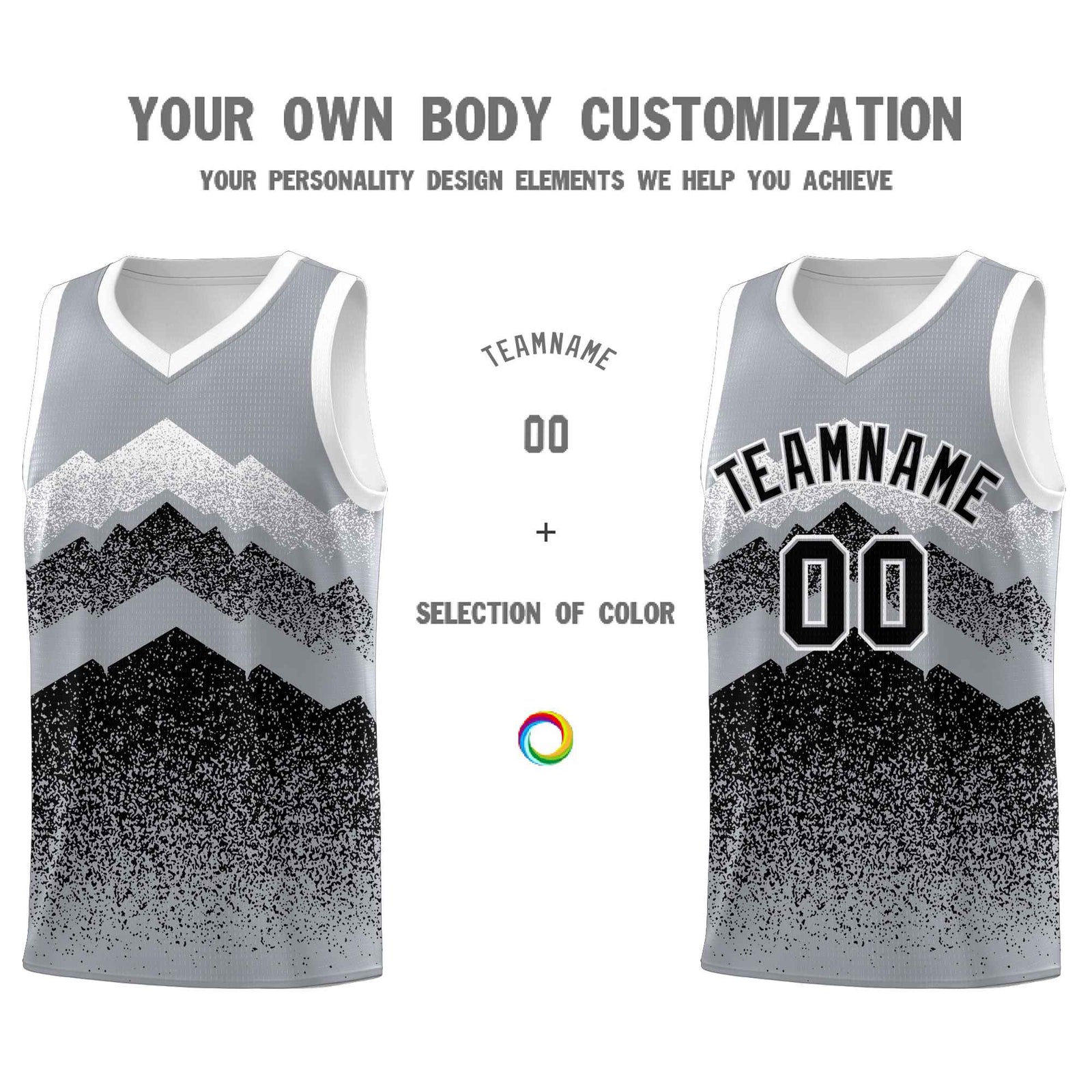 Personalized Youth Basketball Jerseys Gray Black Gradient Mountain Design Uniforms