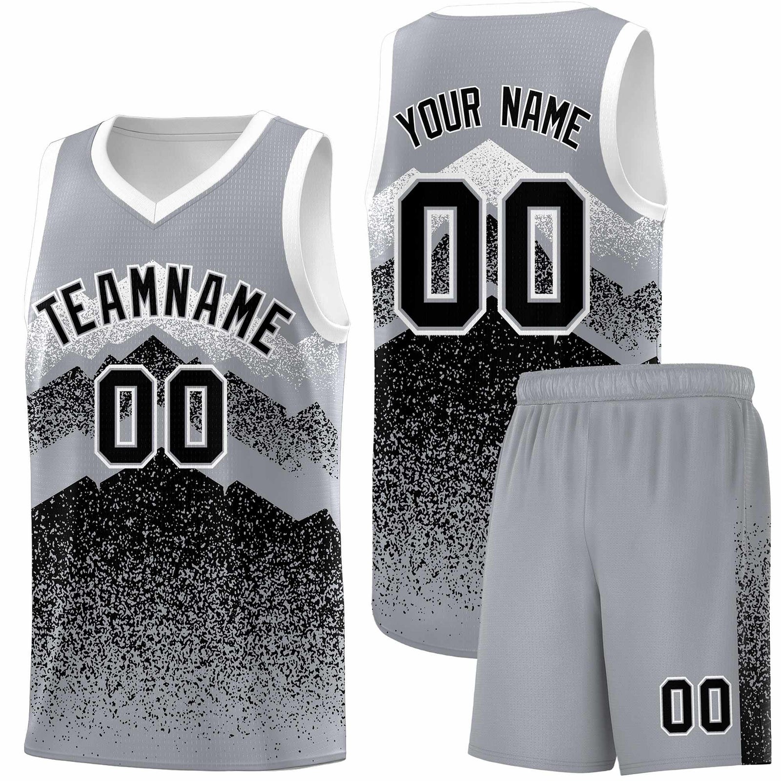Personalized Youth Basketball Jerseys Gray Black Gradient Mountain Design Uniforms