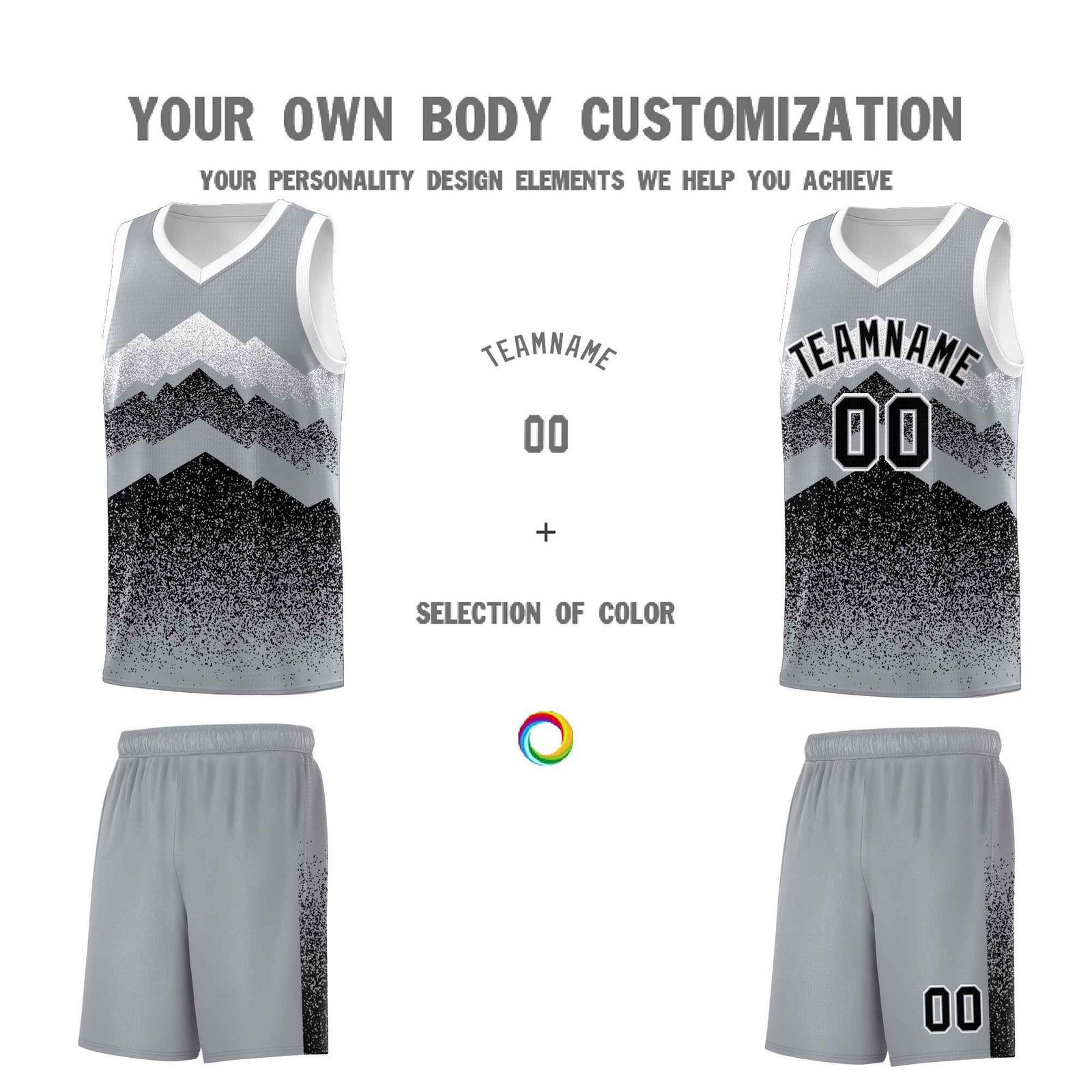 Personalized Youth Basketball Jerseys Gray Black Gradient Mountain Design Uniforms