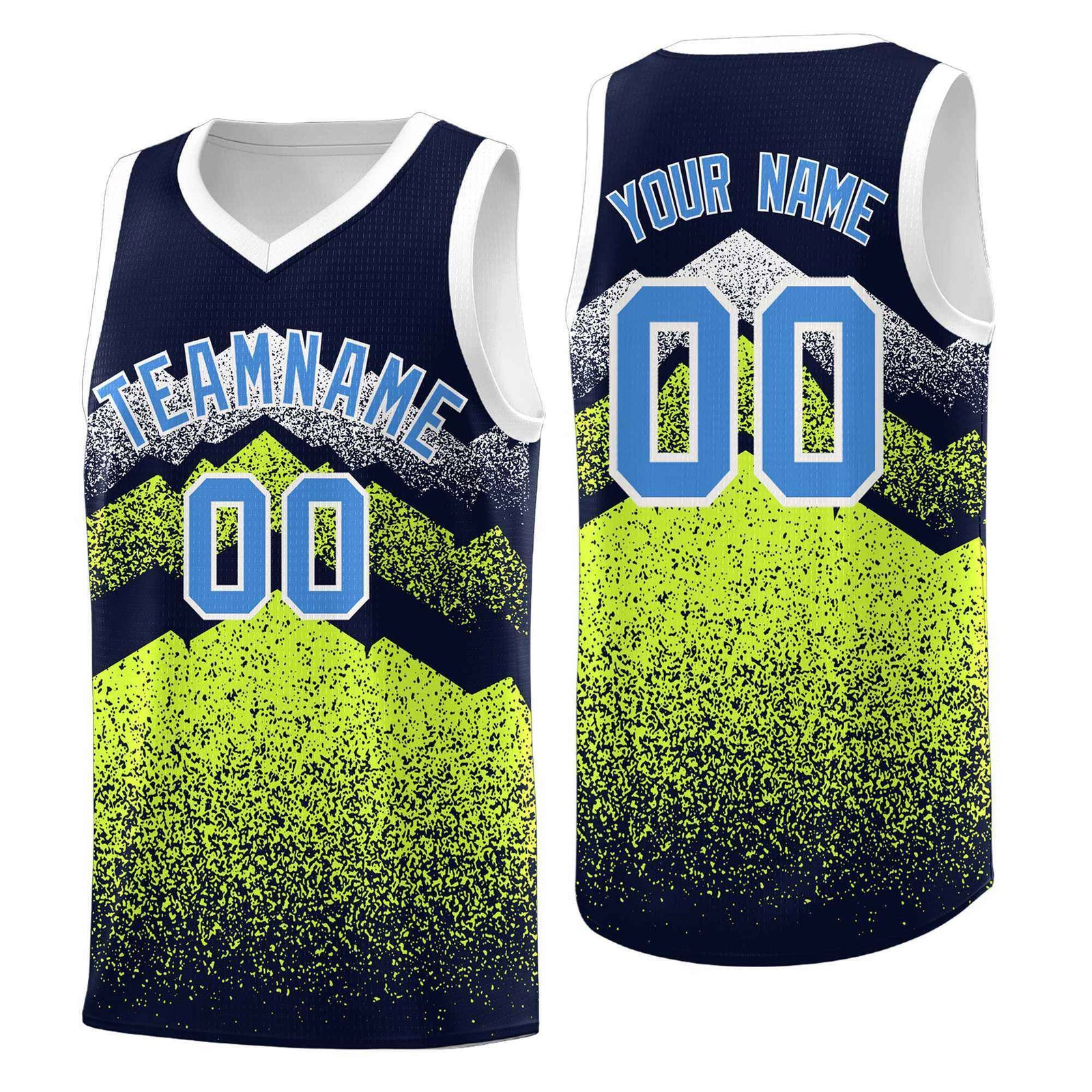 Personalized Youth Basketball Jerseys Navy Neon Green Gradient Mountain Design Uniforms