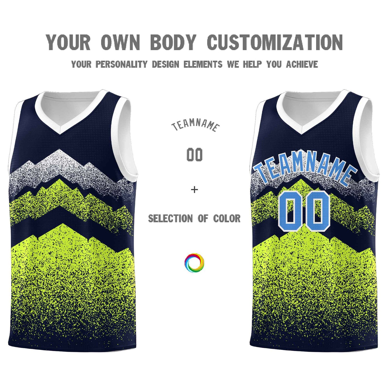 Personalized Youth Basketball Jerseys Navy Neon Green Gradient Mountain Design Uniforms