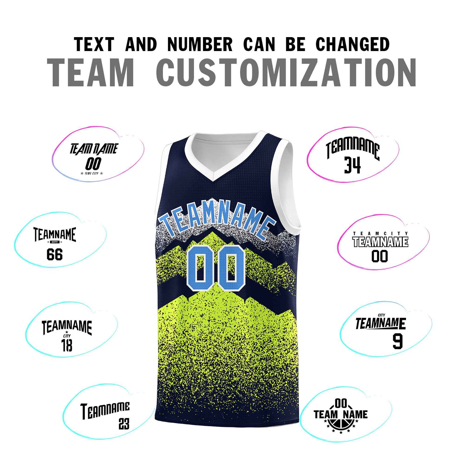Personalized Youth Basketball Jerseys Navy Neon Green Gradient Mountain Design Uniforms