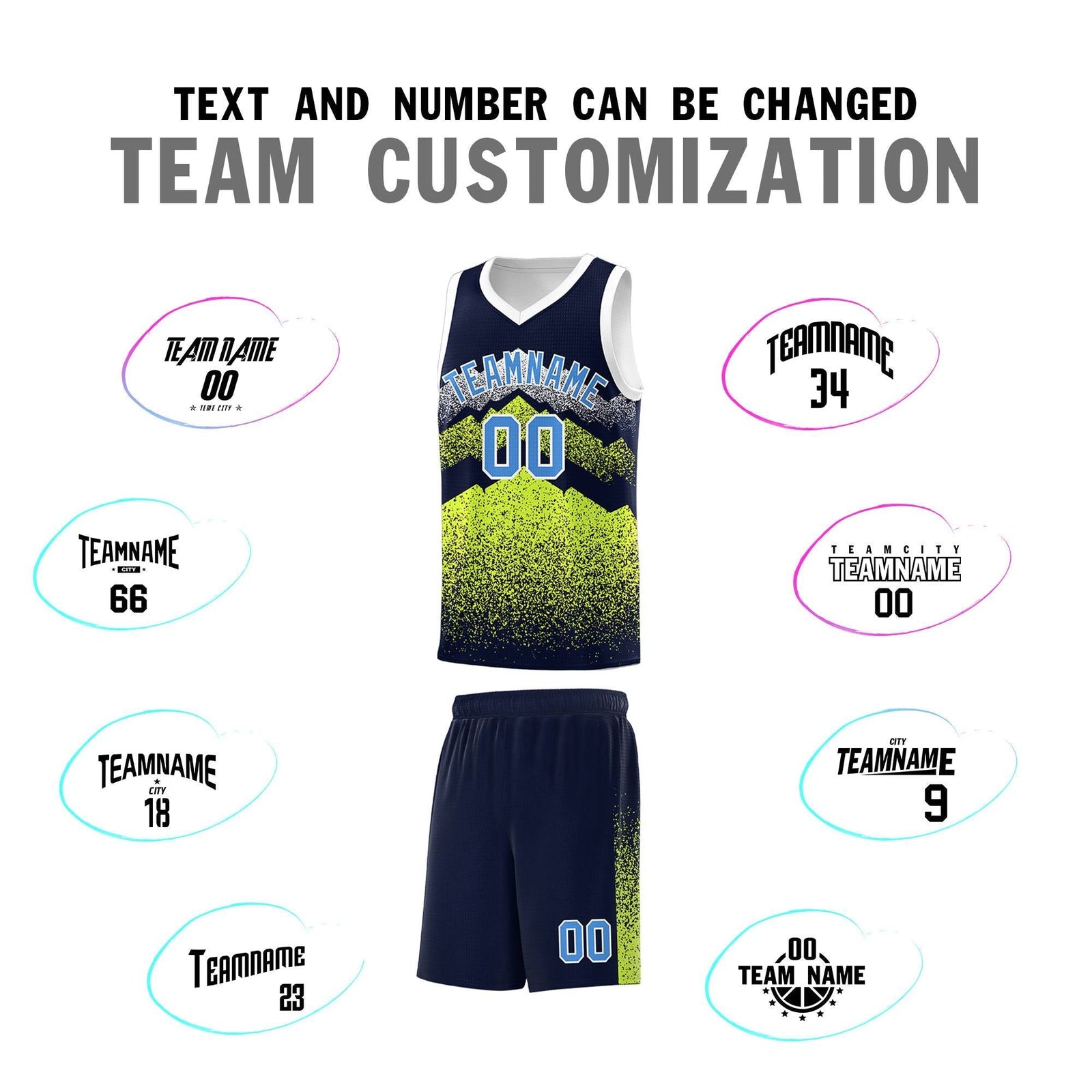 Personalized Youth Basketball Jerseys Navy Neon Green Gradient Mountain Design Uniforms