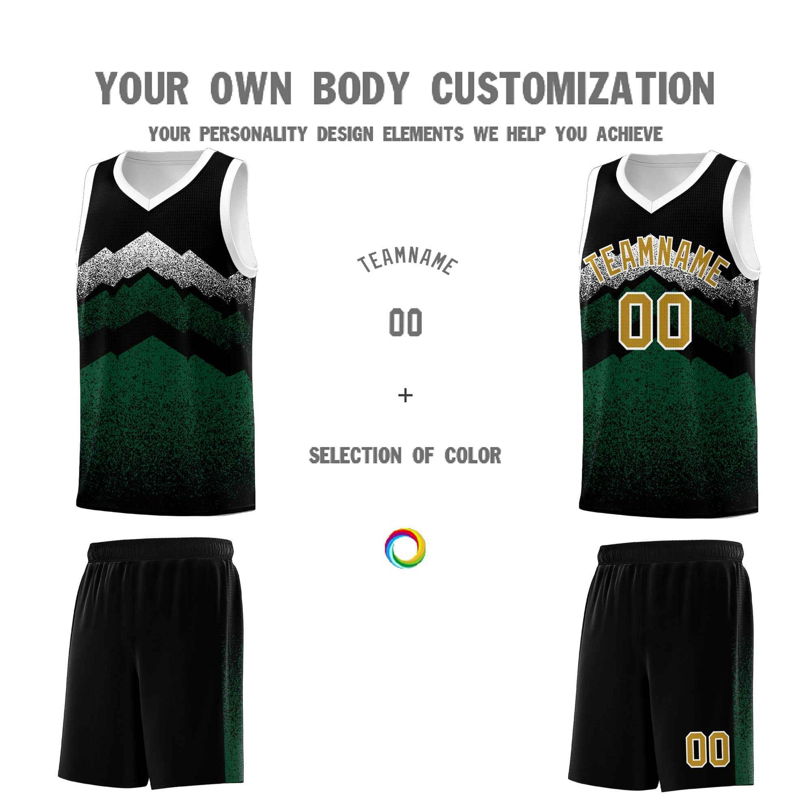 Personalized Youth Basketball Jerseys Black Green Gradient Mountain Design Uniforms