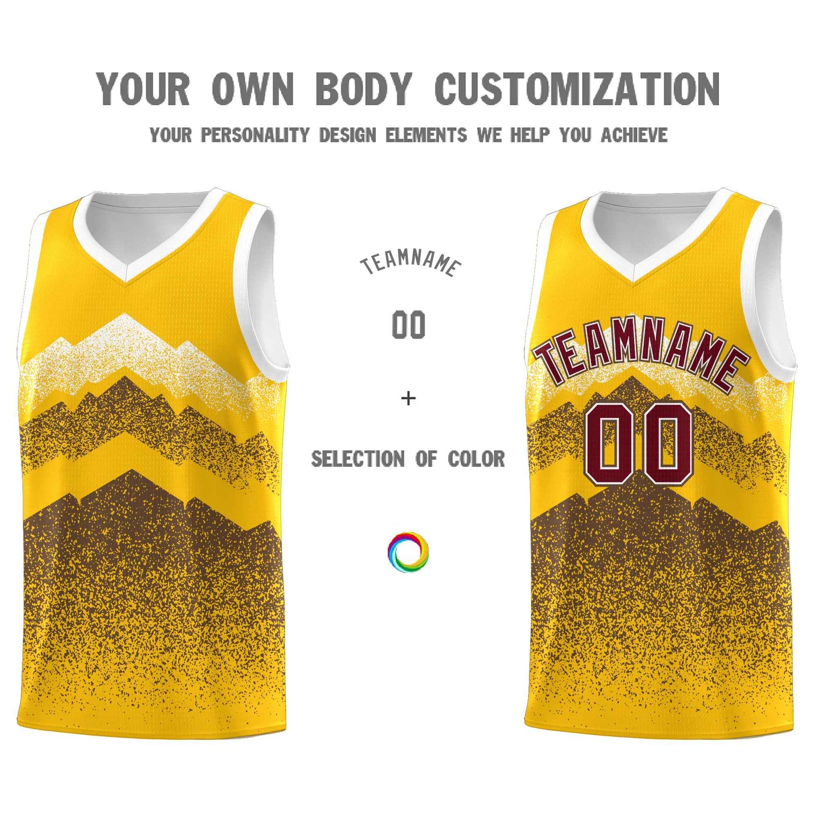 Custom Youth Basketball Jerseys Gold Coffee Gradient Mountain Design Uniforms