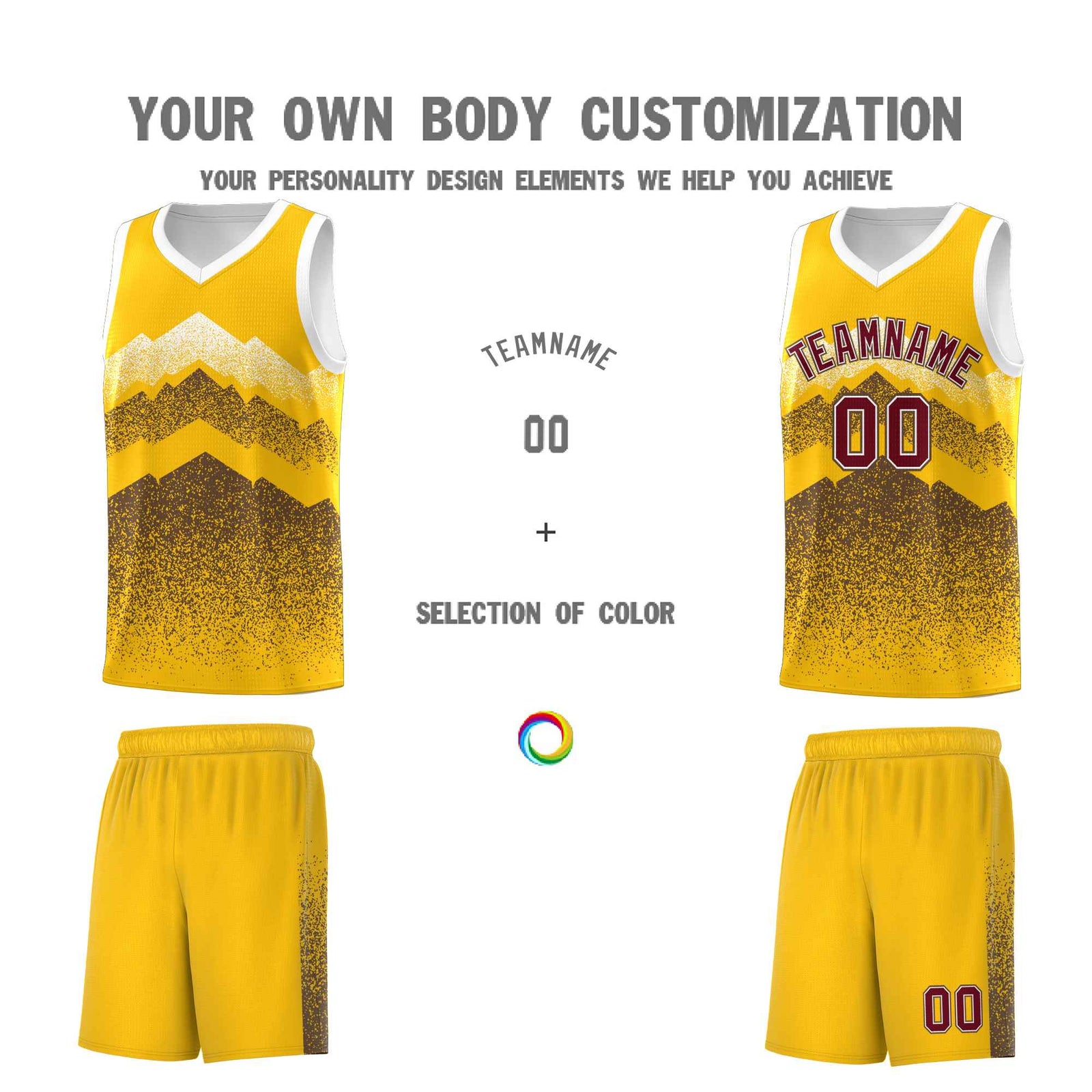Custom Youth Basketball Jerseys Gold Coffee Gradient Mountain Design Uniforms