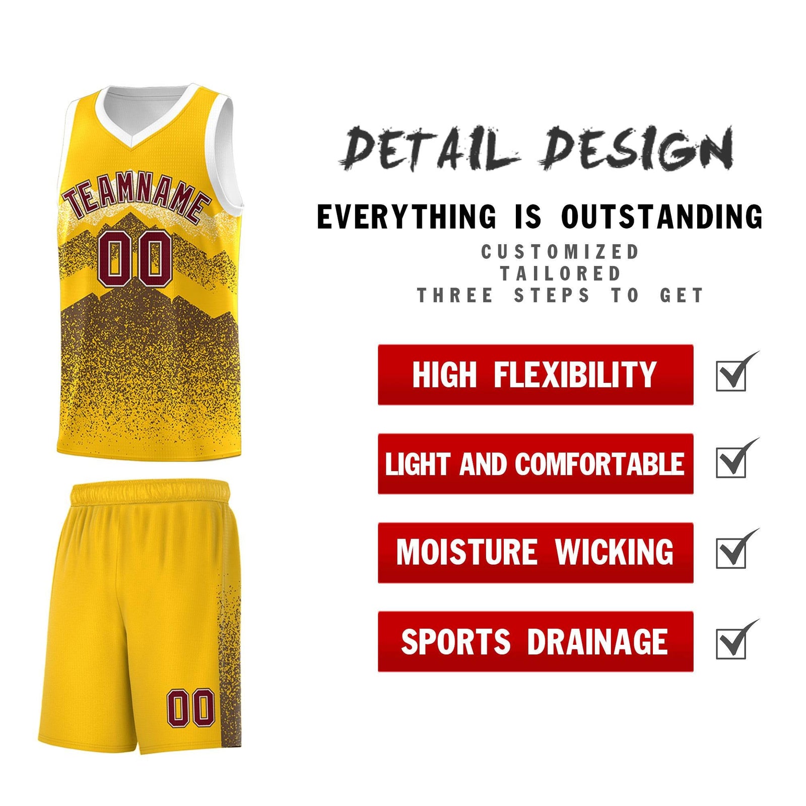Custom Youth Basketball Jerseys Gold Coffee Gradient Mountain Design Uniforms