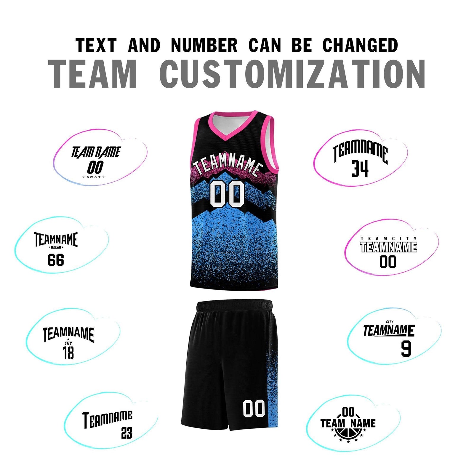 Custom Youth Basketball Jerseys Black Powder Blue Gradient Mountain Design Uniforms