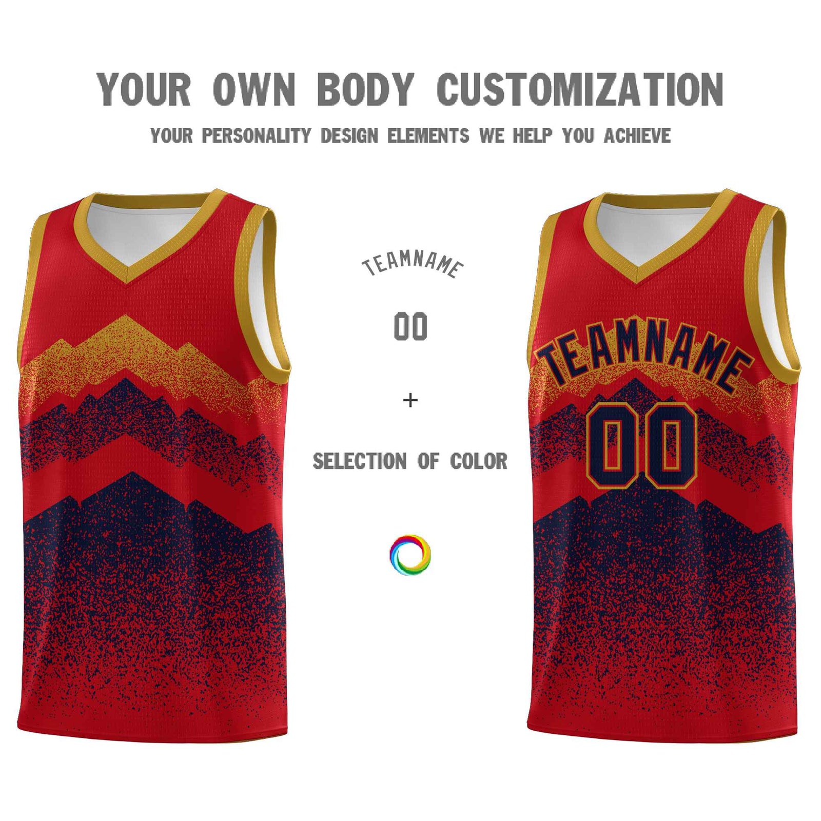 Personalized Youth Basketball Jerseys Red Navy Gradient Mountain Design Uniforms