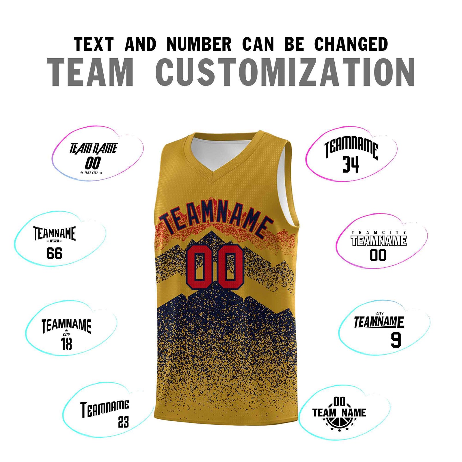 Personalized Youth Basketball Jerseys Old Gold Navy Gradient Mountain Design Uniforms