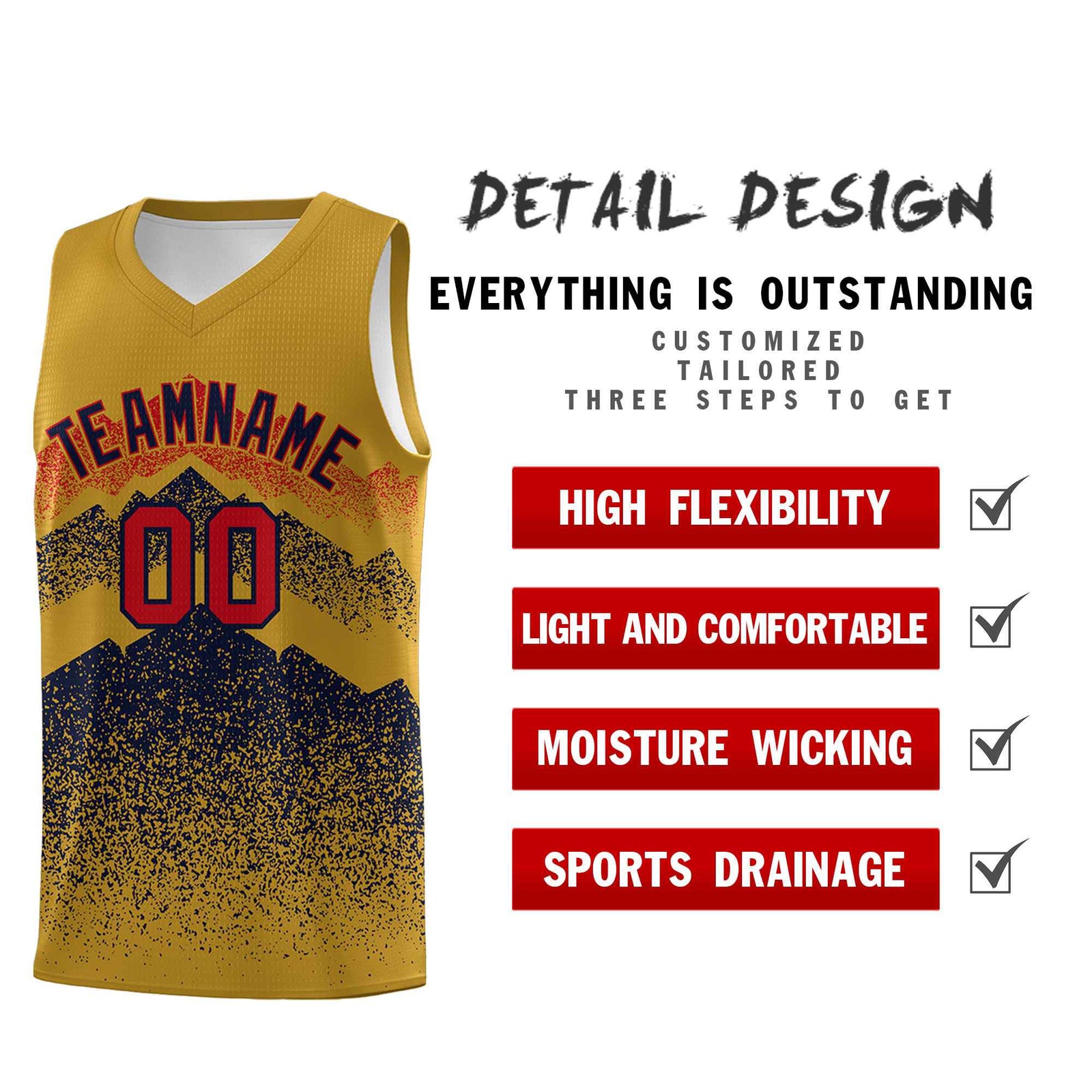 Personalized Youth Basketball Jerseys Old Gold Navy Gradient Mountain Design Uniforms