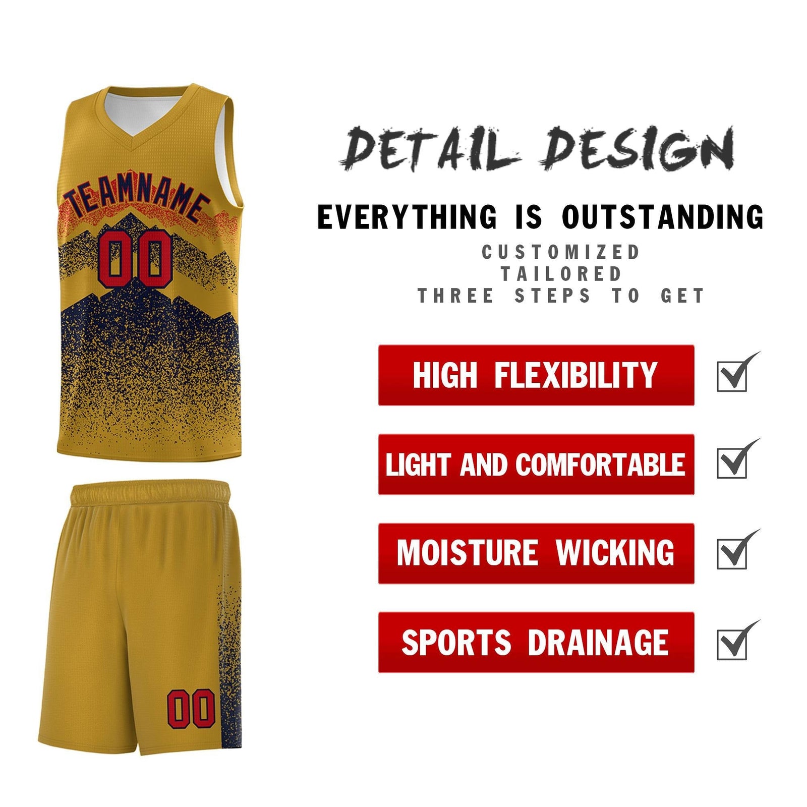 Personalized Youth Basketball Jerseys Old Gold Navy Gradient Mountain Design Uniforms