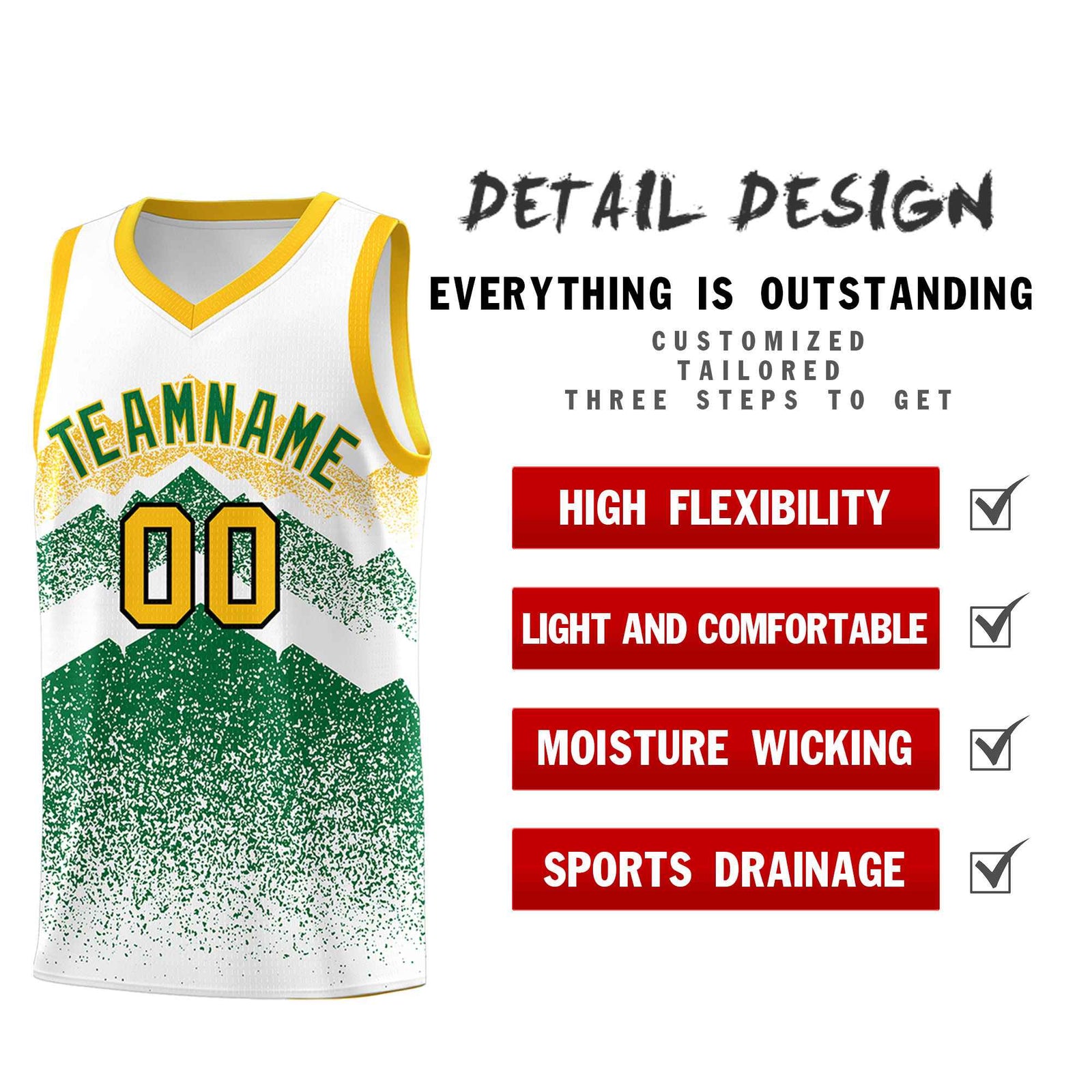 Personalized Youth Basketball Jerseys White Kelly Green Gradient Mountain Design Uniforms
