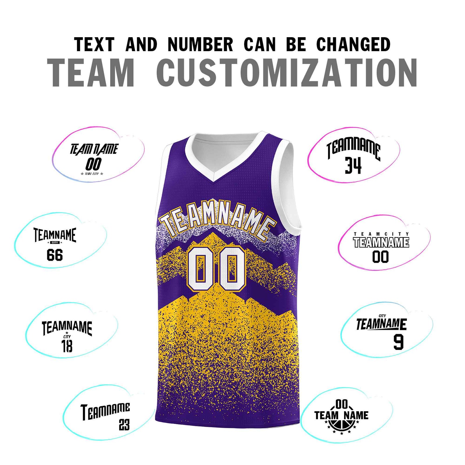 Personalized Youth Basketball Jerseys Purple Gold Gradient Mountain Design Uniforms