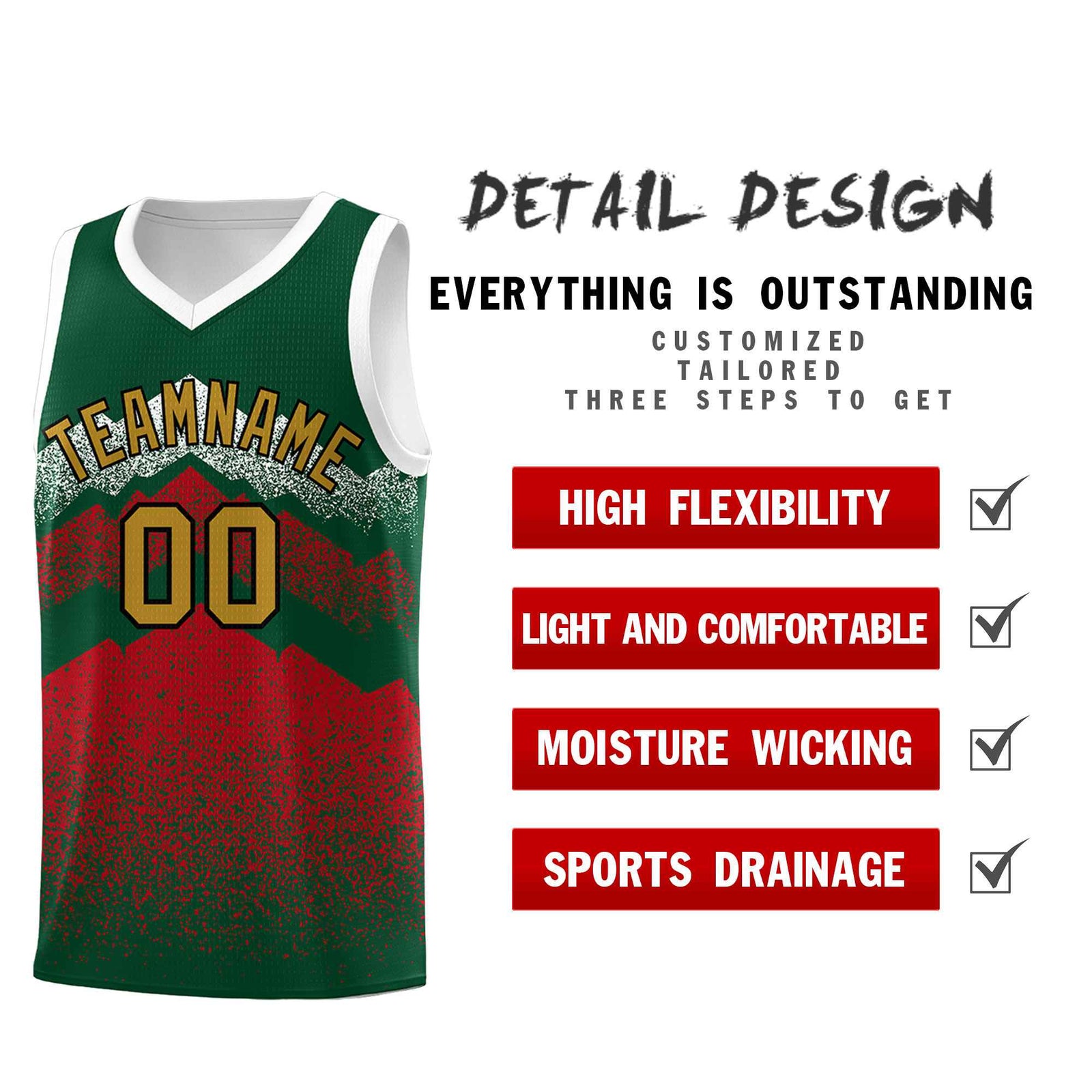Personalized Youth Basketball Jerseys Green Red Gradient Mountain Design Uniforms