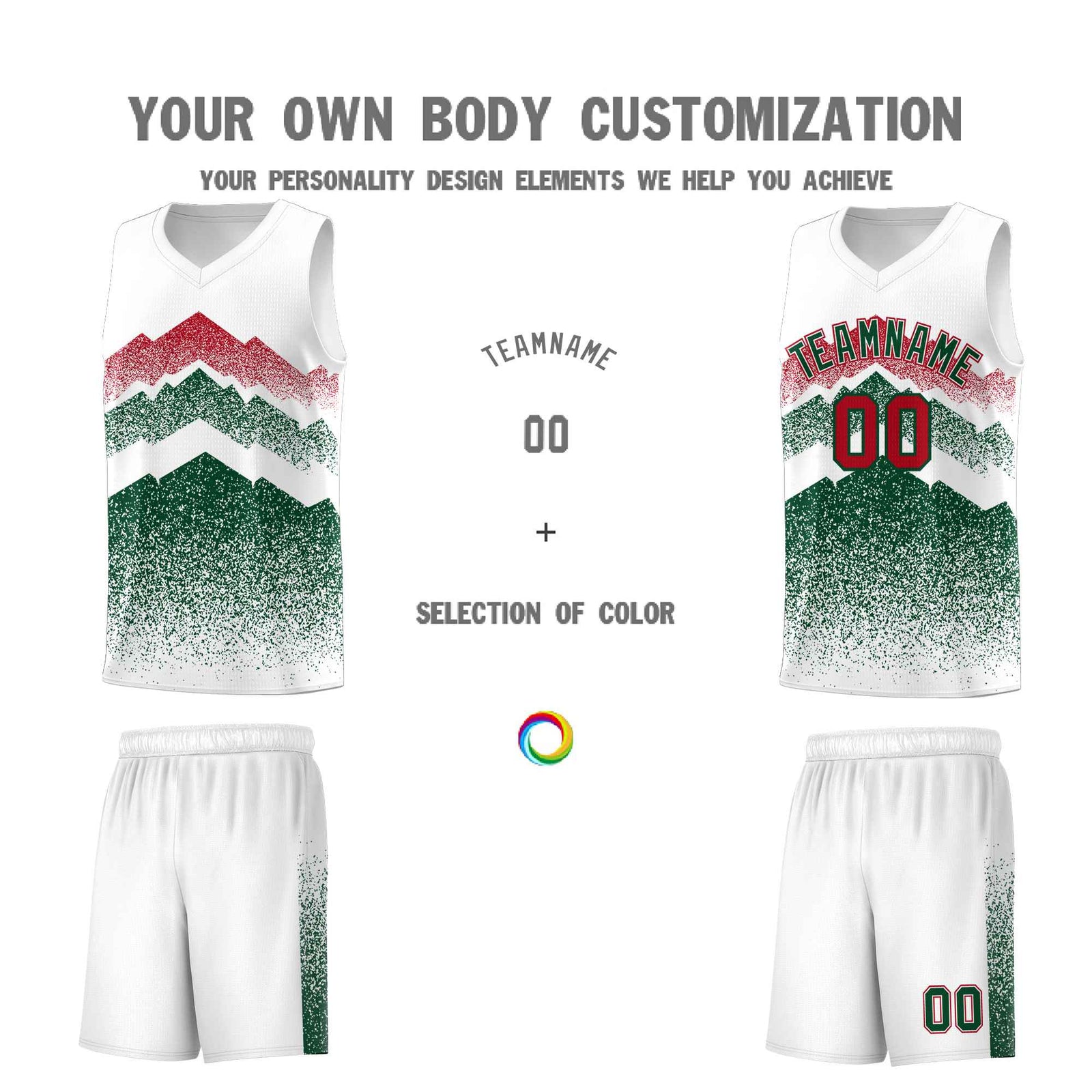 Custom Youth Basketball Jerseys White Green Gradient Mountain Design Uniforms