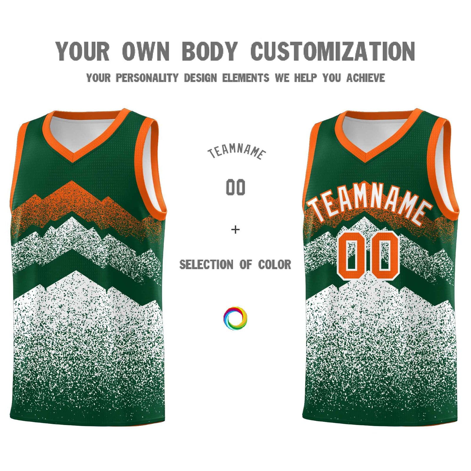 Personalized Youth Basketball Jerseys Green White Gradient Mountain Design Uniforms
