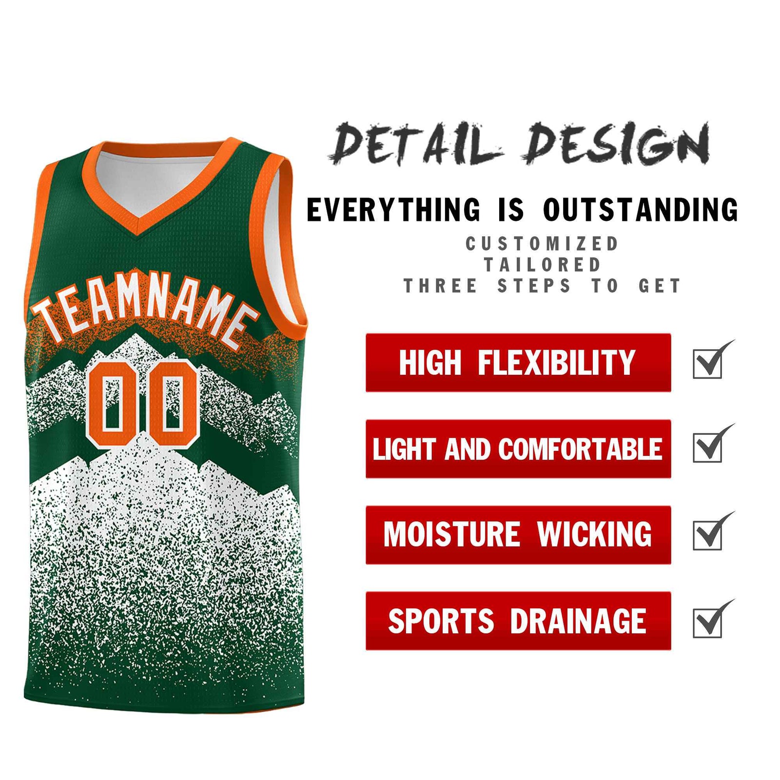 Personalized Youth Basketball Jerseys Green White Gradient Mountain Design Uniforms