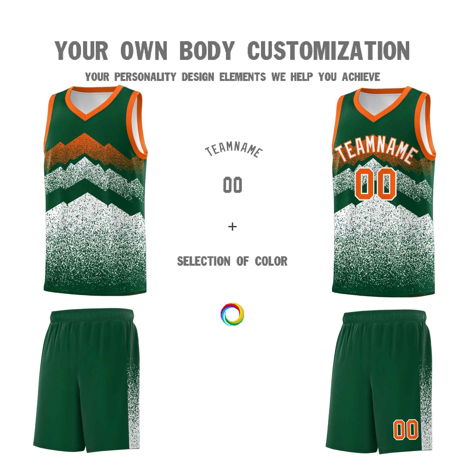 Personalized Youth Basketball Jerseys Green White Gradient Mountain Design Uniforms