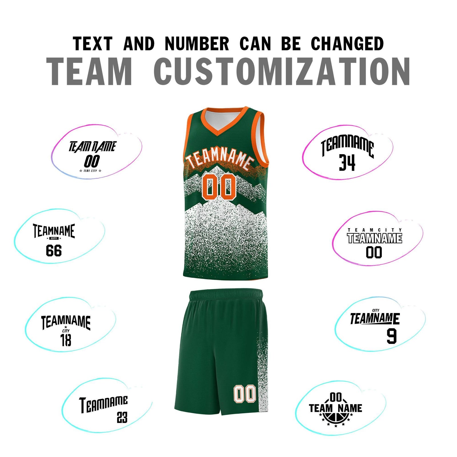 Personalized Youth Basketball Jerseys Green White Gradient Mountain Design Uniforms