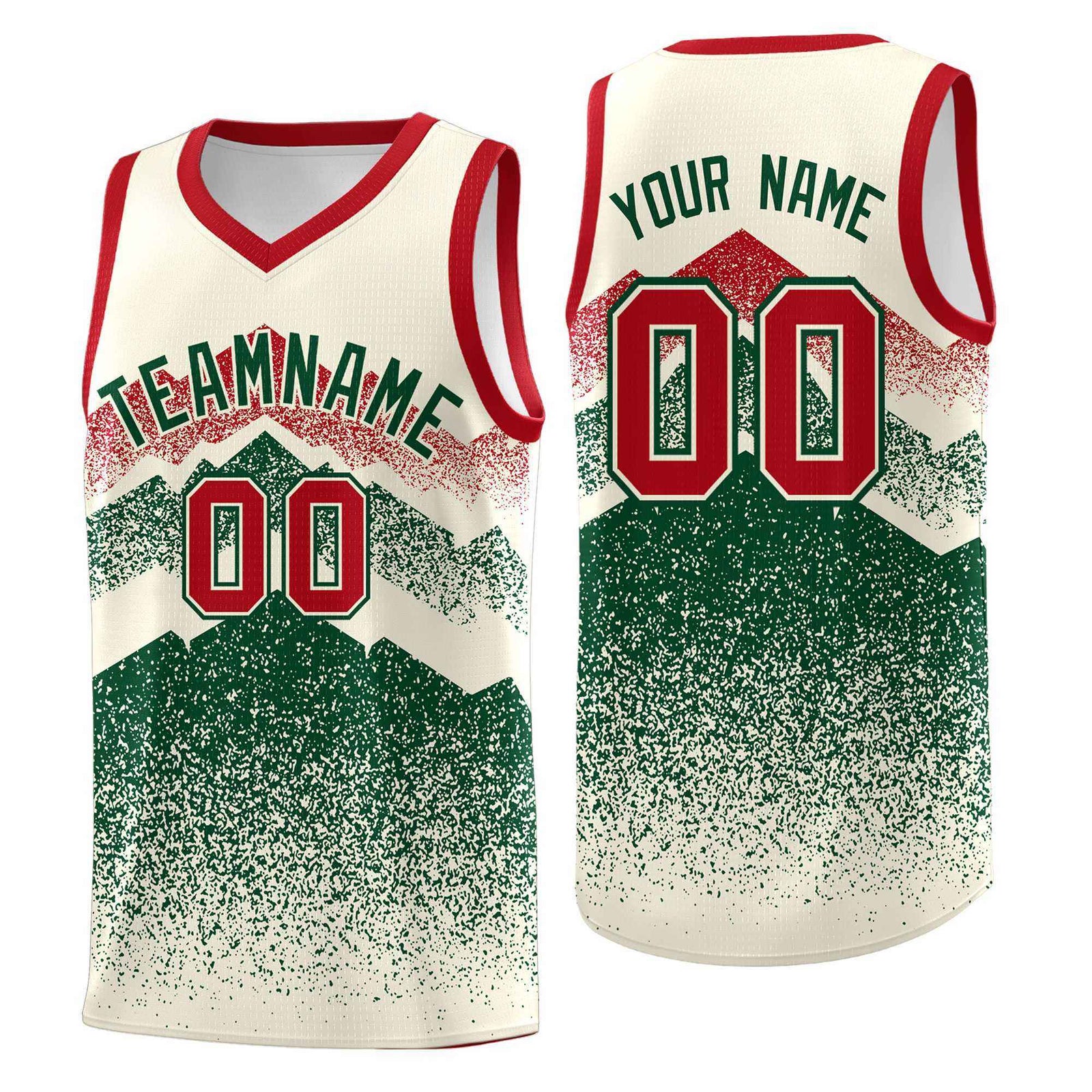 Personalized Youth Basketball Jerseys Cream Green Gradient Mountain Design Uniforms