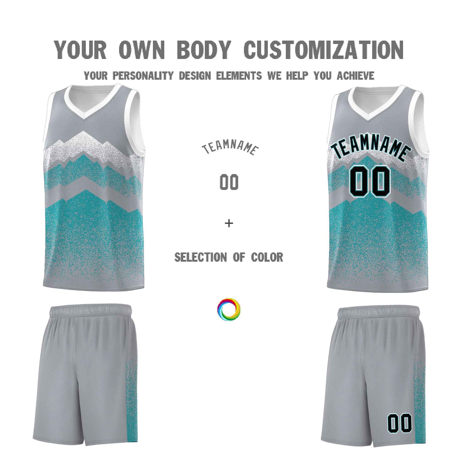 Personalized Youth Basketball Jerseys Silver Teal Gradient Mountain Design Uniforms