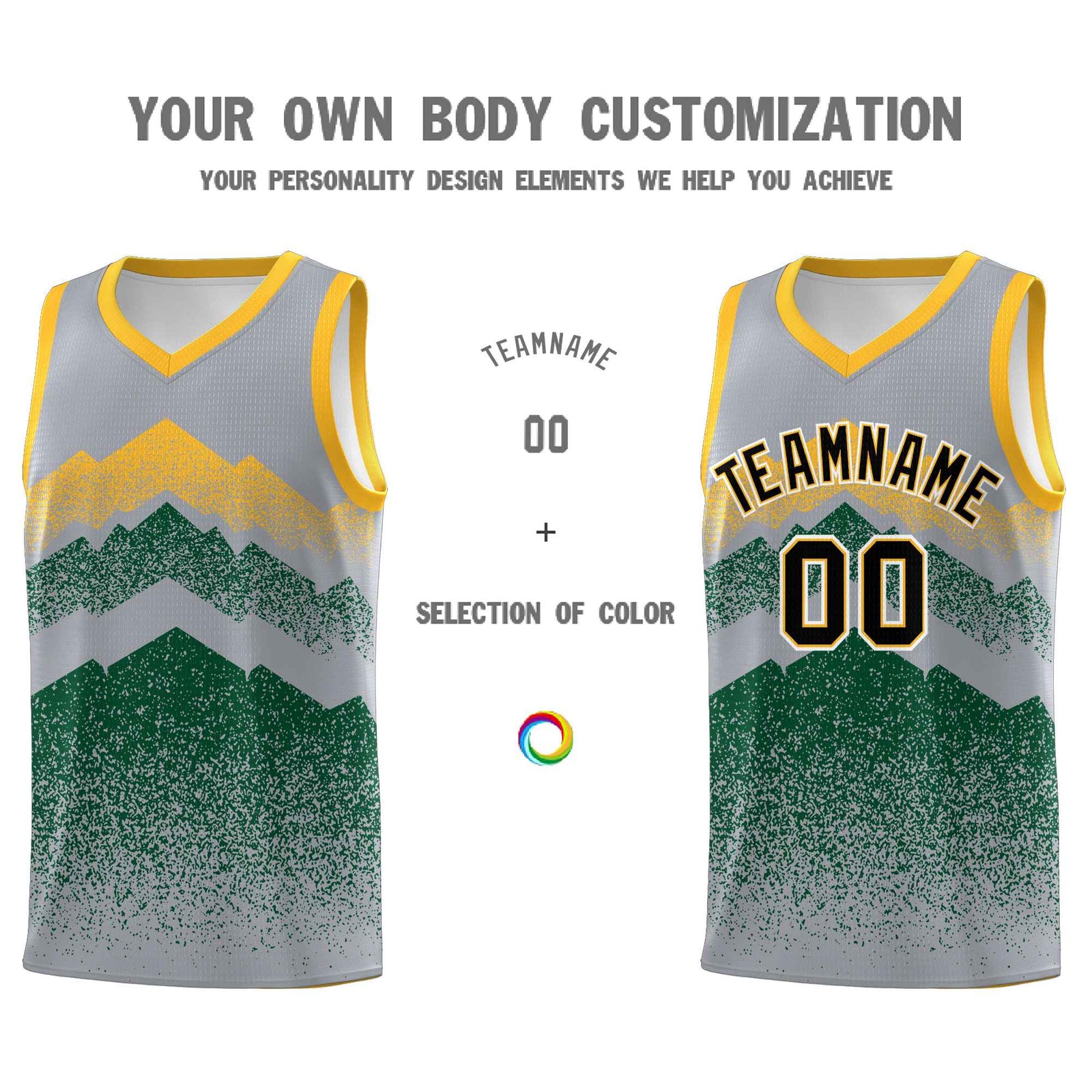 Personalized Youth Basketball Jerseys Gray Green Gradient Mountain Design Uniforms