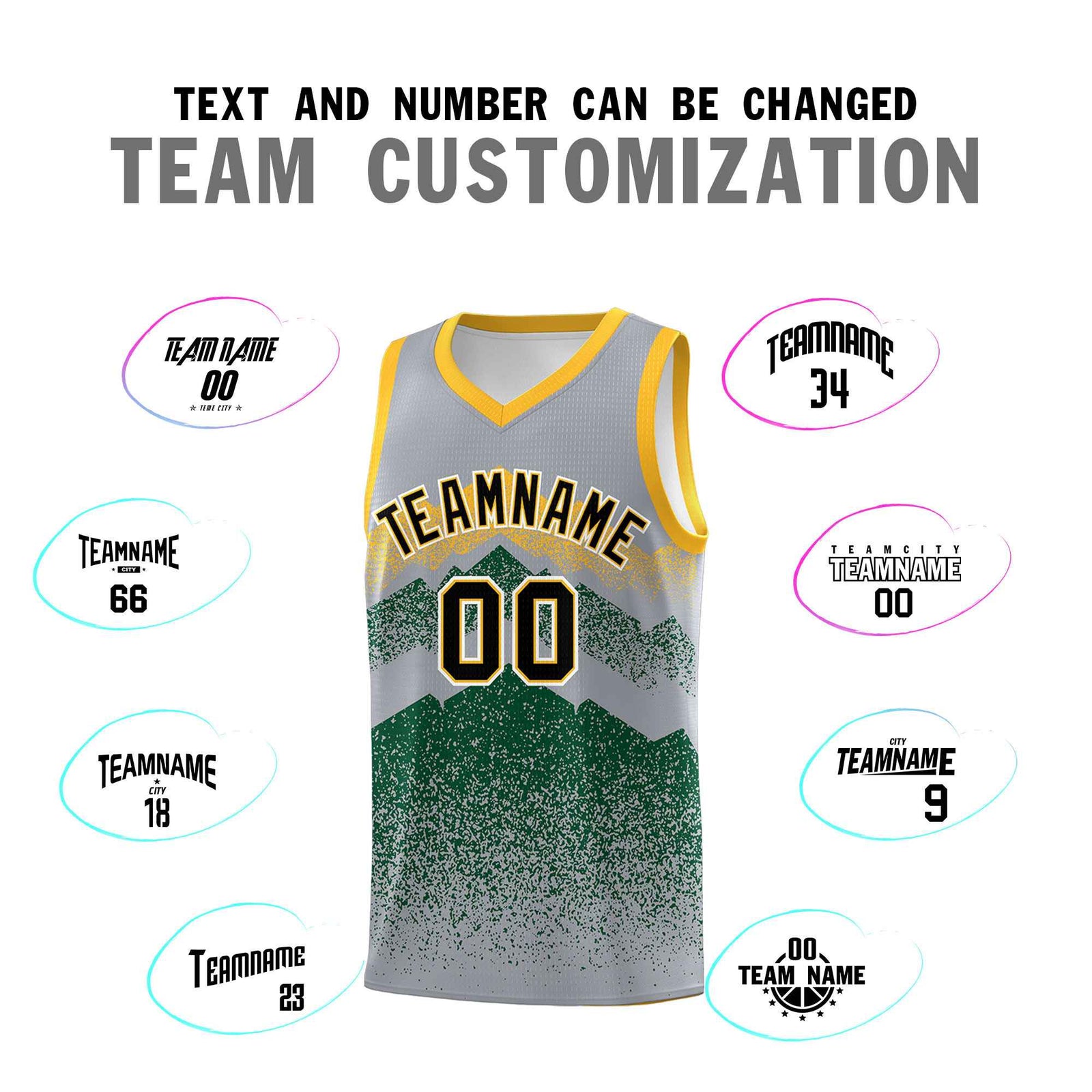 Personalized Youth Basketball Jerseys Gray Green Gradient Mountain Design Uniforms