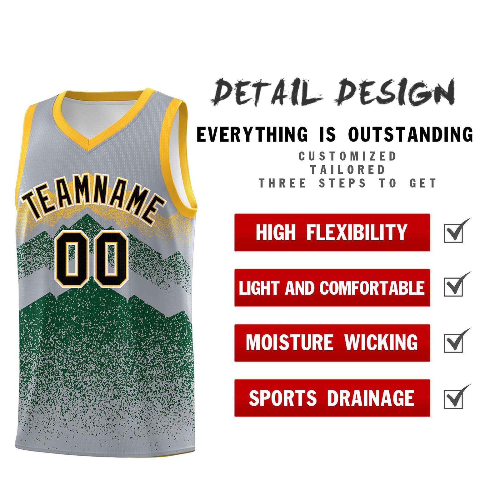 Personalized Youth Basketball Jerseys Gray Green Gradient Mountain Design Uniforms