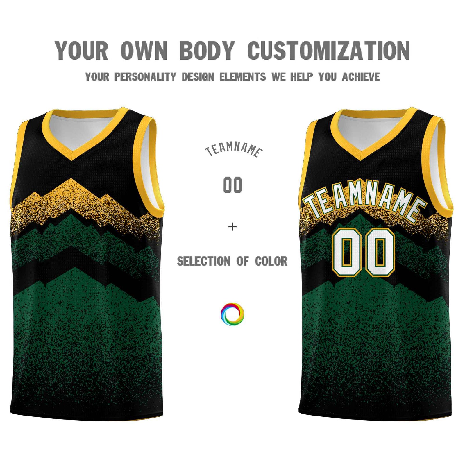 Custom Youth Basketball Jerseys Black Green Gradient Mountain Design Uniforms