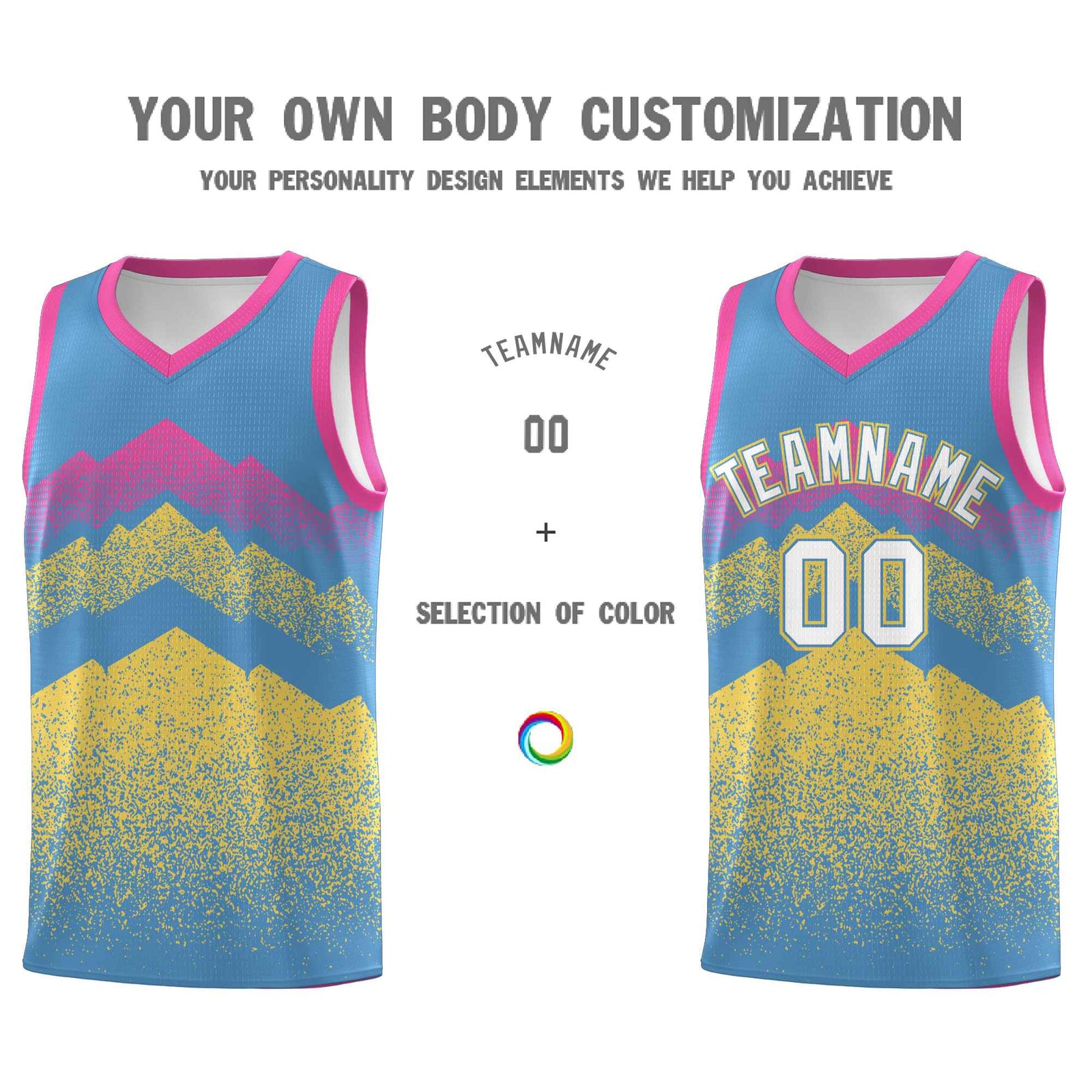 Personalized Youth Basketball Jerseys Light Blue Khaki Gradient Mountain Design Uniforms